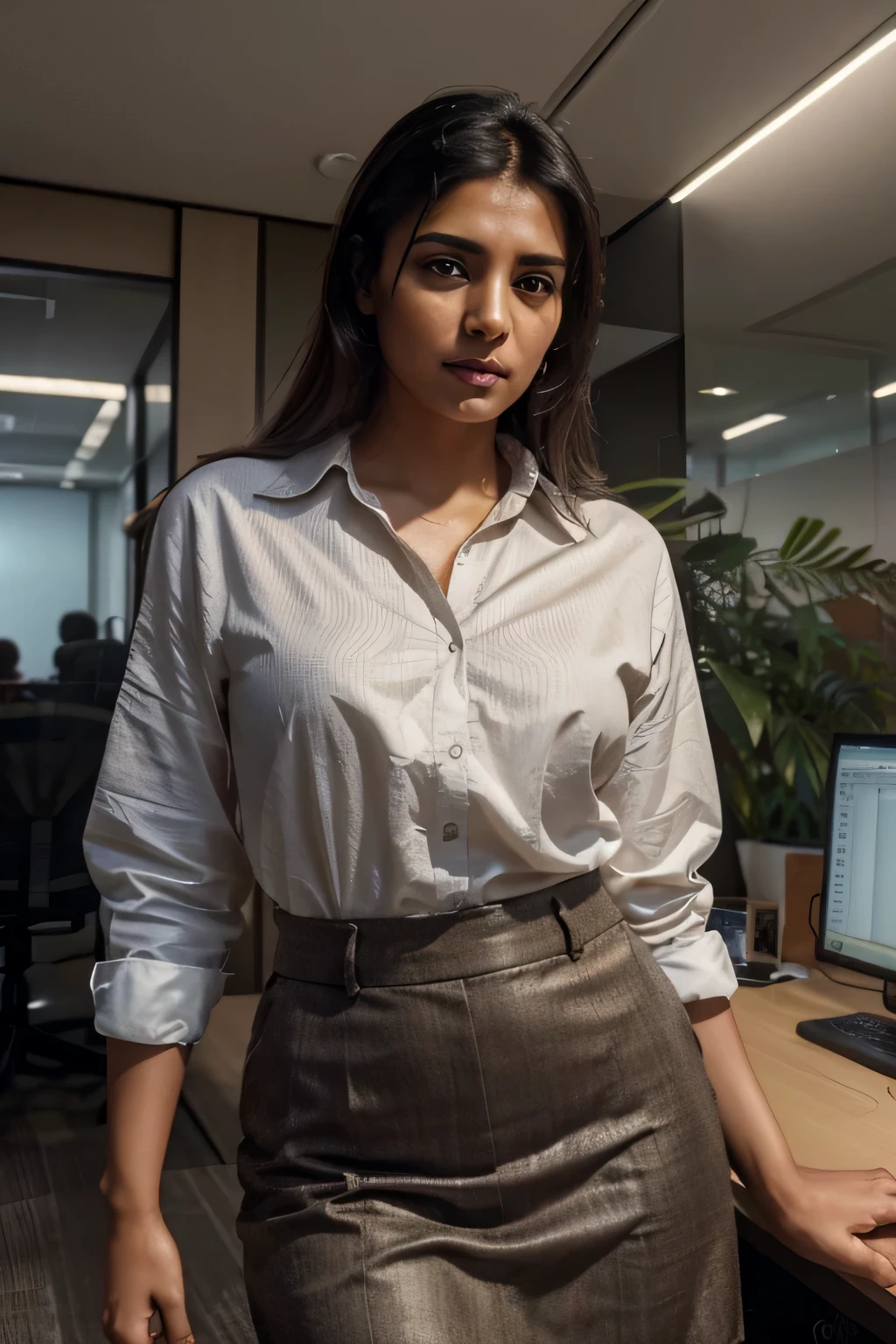 beautiful mature Indian 25 year old girl wearing an office suit outfit, inside a office setting, photorealistic, photo, masterpiece, realistic, realism, photorealism, high contrast, photorealistic digital art trending on Artstation 8k HD high definition detailed realistic, detailed, skin texture, hyper detailed, realistic skin texture, armature, best quality, ultra high res, (photorealistic:1.4), high resolution, detailed, f1.6 lens rich colors hyper realistic lifelike texture dramatic lighting unrealengine.