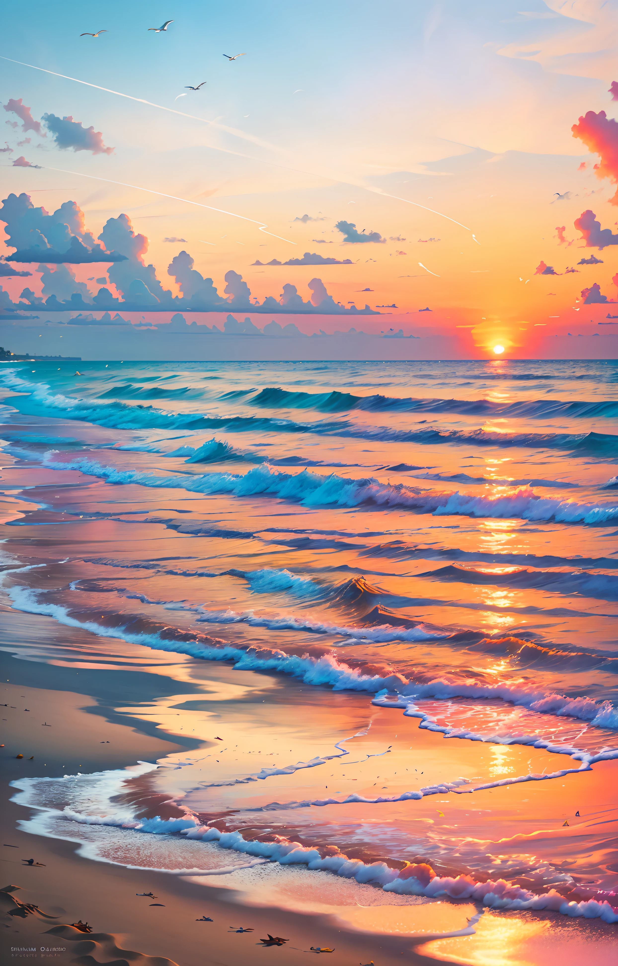 Absolutamente fascinante puesta de sol en la playa con una mezcla de naranjas, rosas y amarillos en el cielo. El agua es cristalina., besando suavemente la orilla, y la arena blanca es infinita. The scenes are action-packed and impressive., with seagulls flying high in the sky and palm trees swaying gently. Immerse yourself in the tranquil atmosphere and let serenity envelop you..