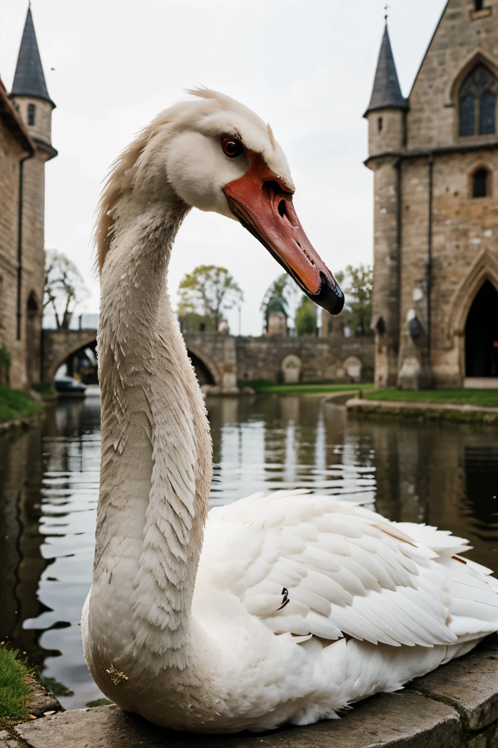 a swan with a long neck wearing an outfit of medieval armor