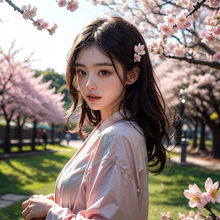A girl surrounded by blooming cherry blossoms, wearing a flowing kimono,admiring the delicate pink petals falling from the trees. She has almond-shaped eyes with long lashes, a small nose, and rosy lips. The cherry blossoms cover the ground like a soft pink carpet, creating a serene and peaceful atmosphere. The scene is bathed in warm, golden sunlight, casting gentle shadows on the girl's face and illuminating the delicate details of the flowers. The artwork is created in traditional Japanese painting style, capturing the grace and elegance of the cherry blossoms. The colors are vivid and vibrant, with shades of pink, white, and green dominating the composition. The artwork is of the highest quality, with ultra-detailed brushstrokes and sharp focus on every element. The overall effect is like a masterpiece, showcasing the beauty and fragility of cherry blossoms in full bloom.