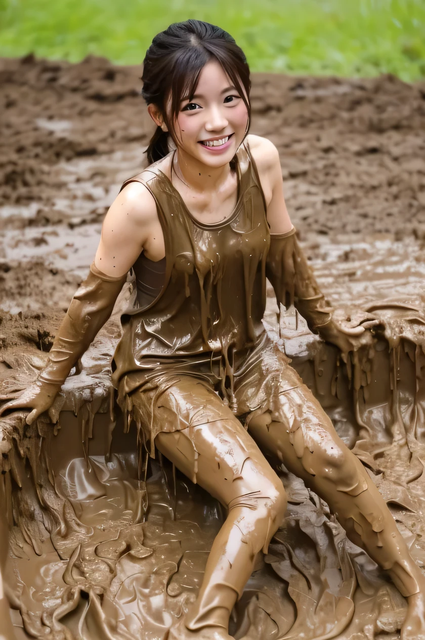 (masterpiece, best quality:1.2), cowboy shot, Japanese high-school student, big smile, looking at viewer, Show the armpit, (green sports wear:1.2), wet muddy field, dripping with mud, submerged, covered all over with mud, muddy arms, muddy hair, muddy face, wet clothes, soaked, dripping wet, wet hair, wet skin, translucent, glistening with oil, fully clothed, (from bellow:1.3), (looking down, watching at Viewer),