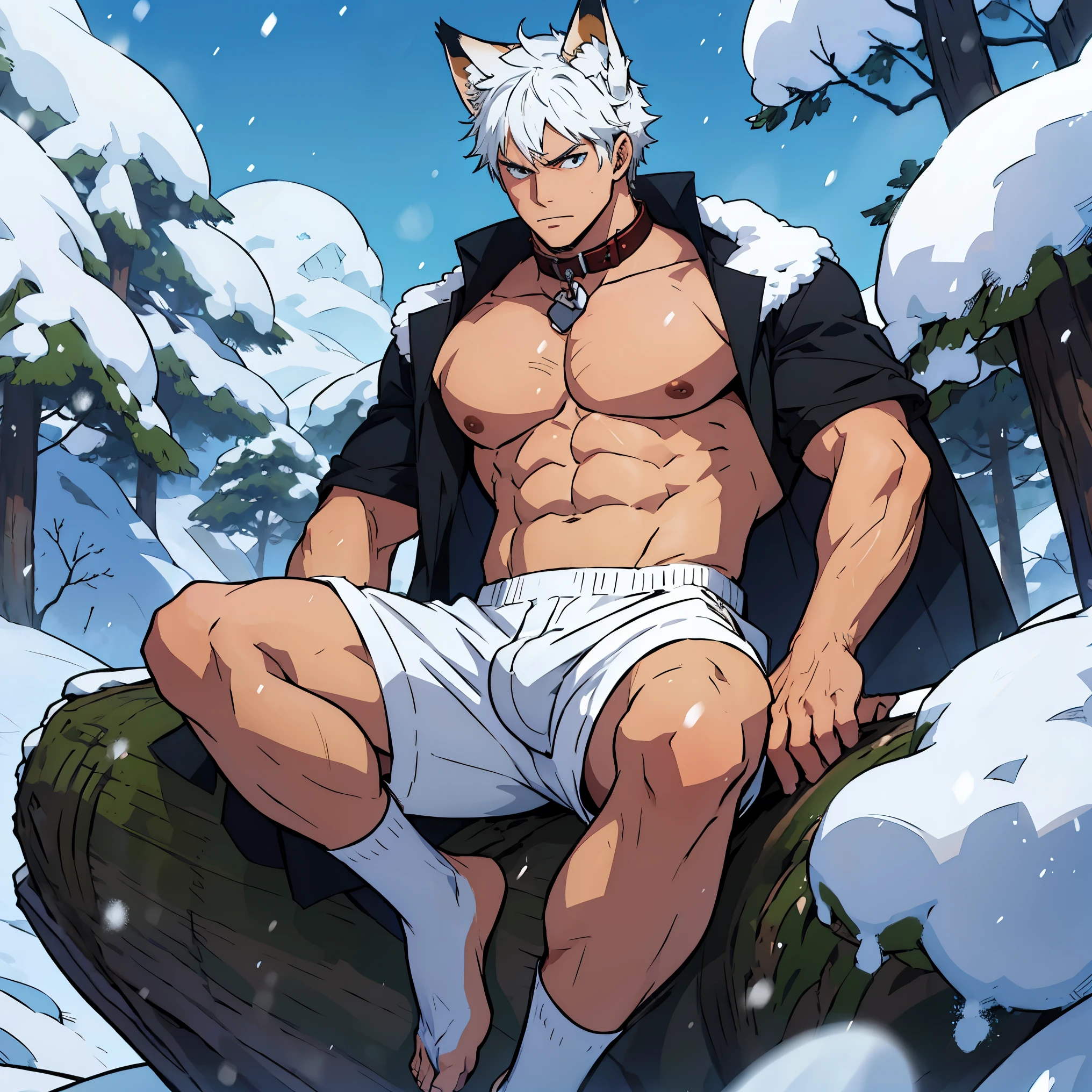 anime guy with white hair and fox ears and collar, (the whole body), young guy, hair with modern bangs, masculine but young, No beard, (no clothing on the upper part of the body) , just wearing white boxer shorts ,sitting on a tree trunk with snow,  (the whole body on display), big bulge in underwear , in a snowing place, trees with snow in the background,   