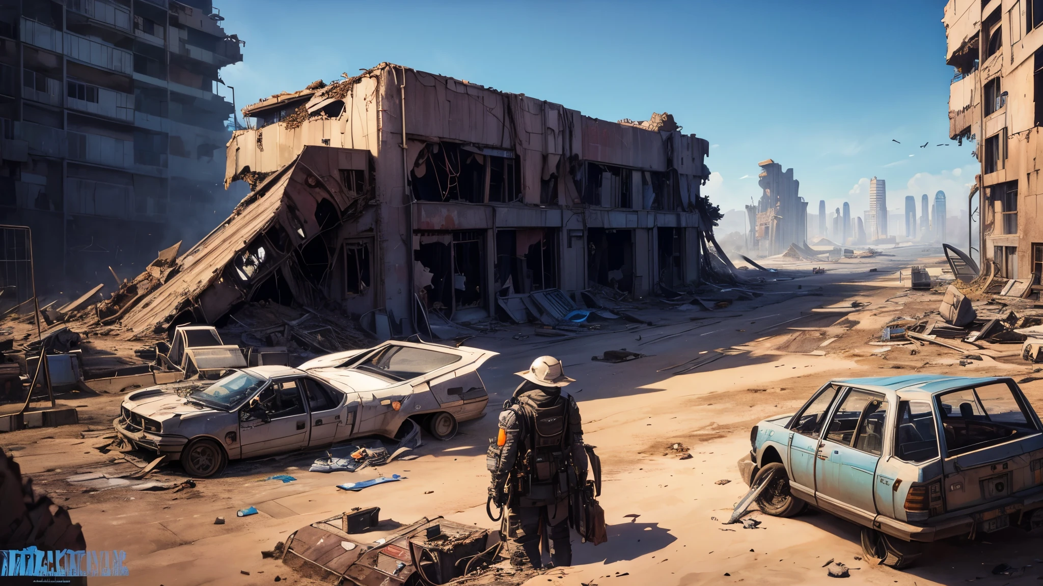 moebius-style, cybernetic wasteland, demolished, labyrinthine, "sci-fi", dunes covering streets, abandoned, lost vessels, wreckage, ""junkyard"", blue sky, extremely detailed