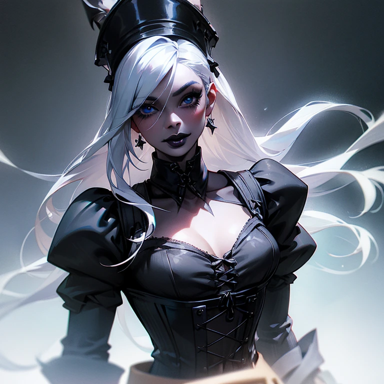 blue corset, ((((matte black lips)))), long hair, silver hair, blue eyes,