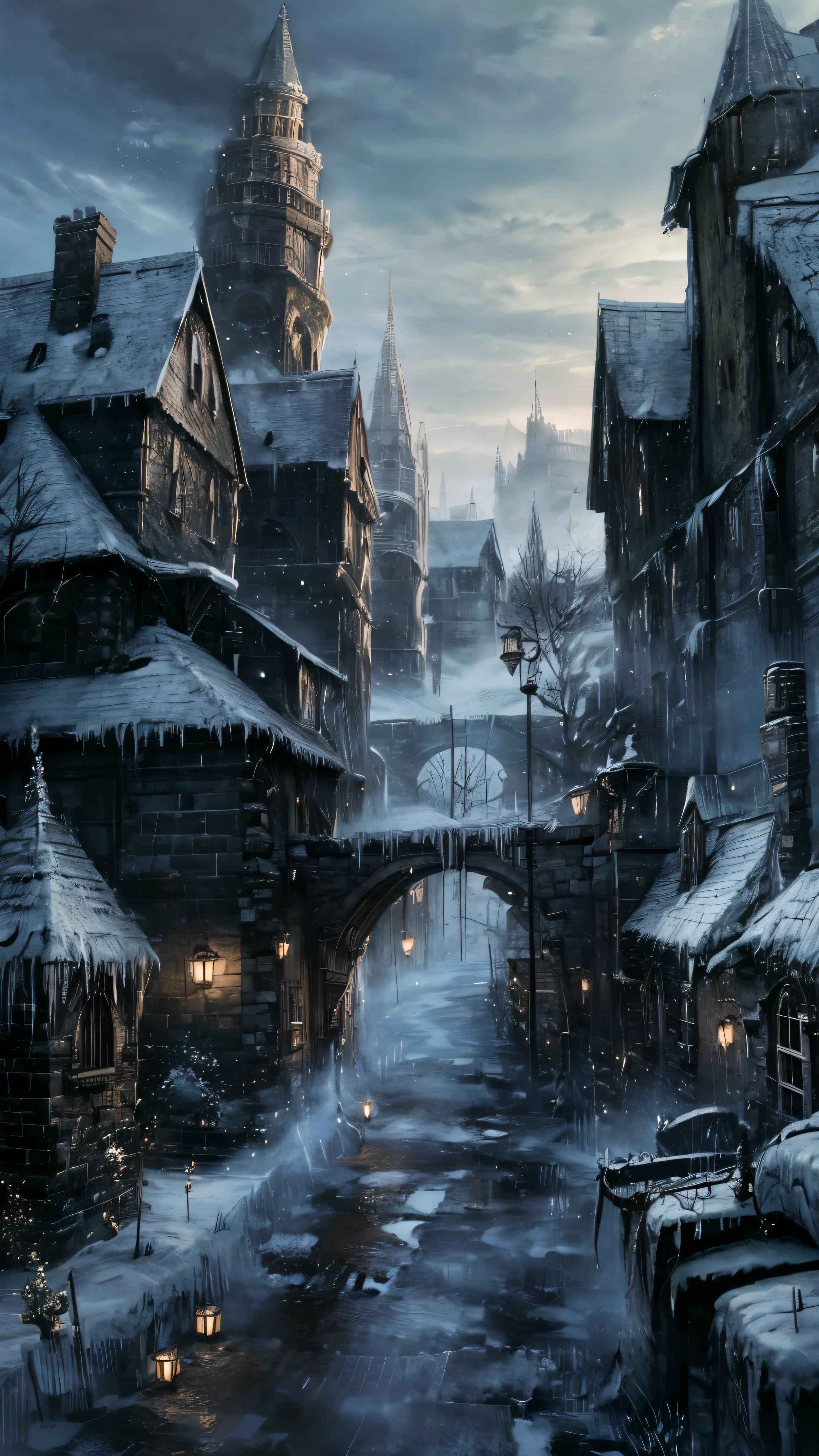 A village, black hooded figure, cold environment, haunted