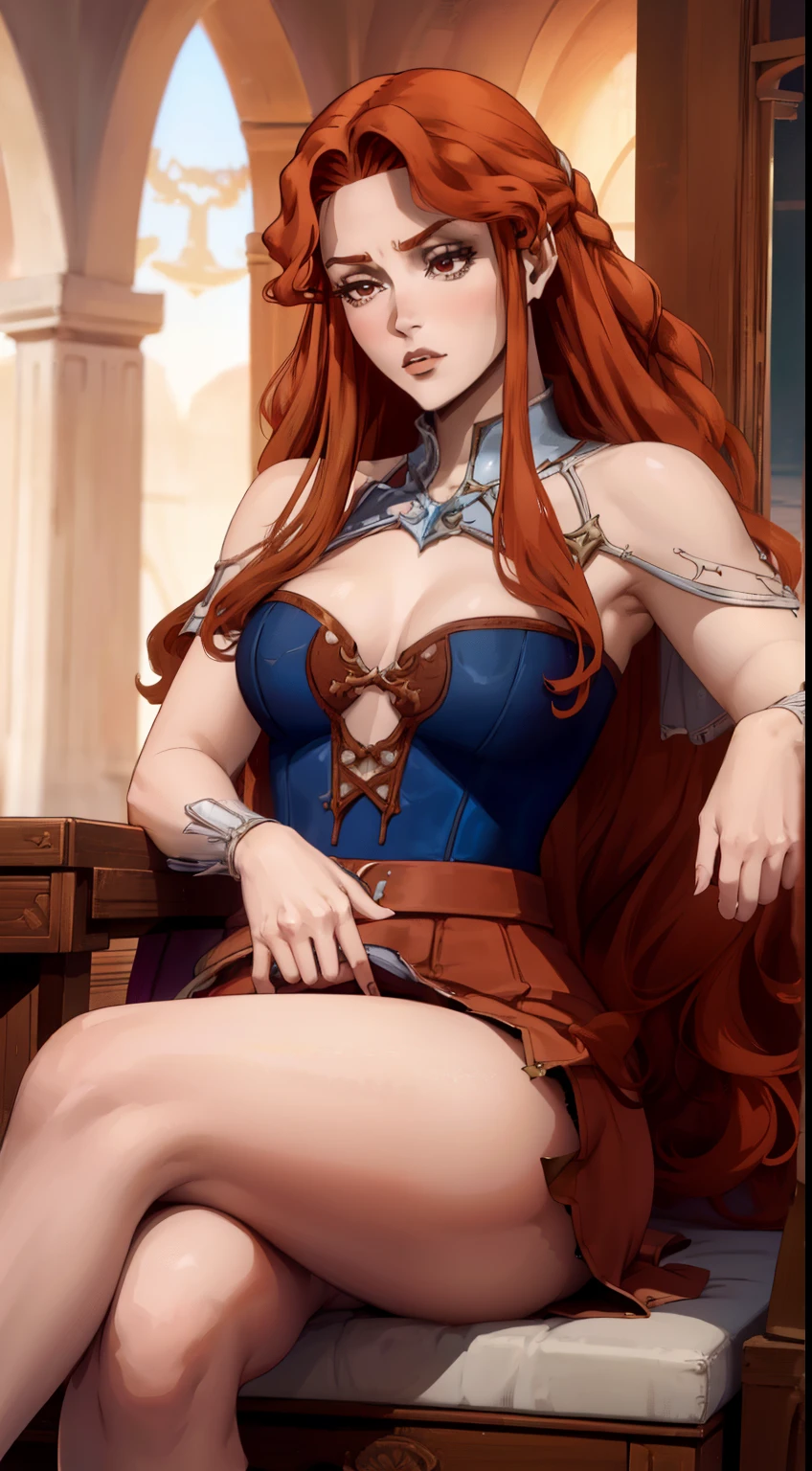 ((foto de corpo inteiro)), ((foto realista)), 1 girl, (colete: 1.2), 8k, high-res, pele finamente detalhada, lingerie, seios enormes, lenore from castlevania, vampire, red hair, skirt, sitting, toned legs, heels, dominant, low angle, upskirt