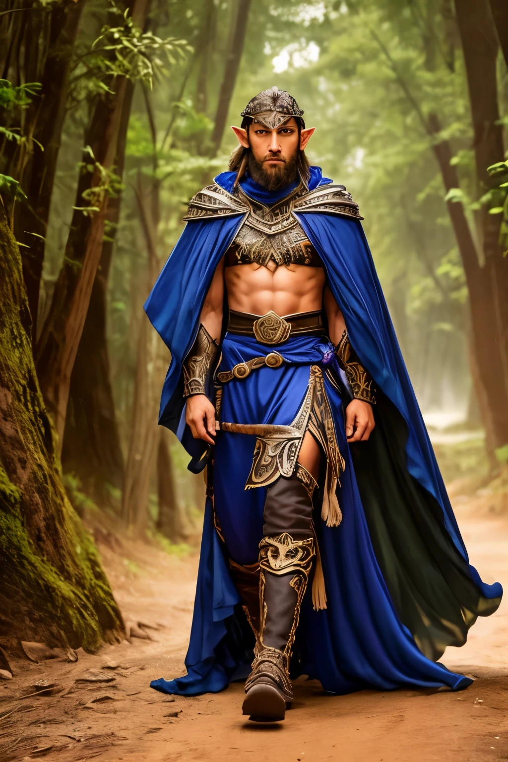 El elfo de la noche se encuentra de pie, con una postura erguida y segura, bajo el manto de la noche estrellada. Su armadura de oro y obsidiana brilla con un resplandor imponente, mostrando detalles intrincados y grabados misteriosos. Armor is designed for battle, with solid and elegant plates that protect your torso and shoulders.
Una barba densa y bien cuidada adorna su rostro, adding an even more majestic and wise appearance. Sus ojos amarillos brillan con una intensidad penetrante, reflecting the wisdom and cunning of his race. El cabello verde cae en mechones ondulados alrededor de su rostro, enmarcando sus rasgos angulares.
La musculatura del elfo de la noche es impresionante, reflecting his dedication to physical training and life in nature. Su piel violeta resplandece bajo la luz de la luna, marked with tribal markings that highlight her elven heritage.
The night elf exudes a sense of power and grace, ready to face any challenge that comes your way, bajo la tranquilidad de la noche que lo envuelve.