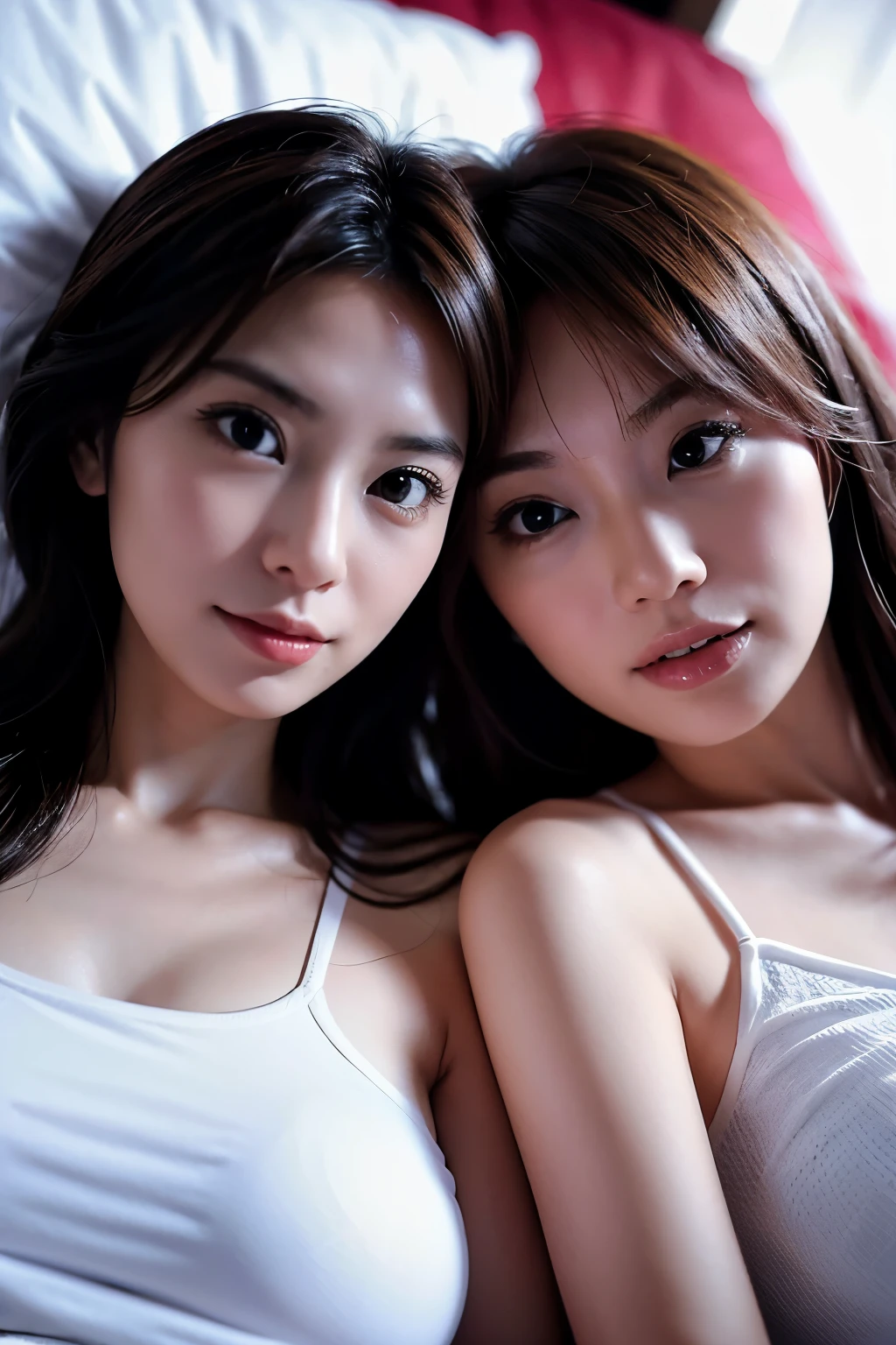 two Hong Kong female close friends, 30 years old, slim, hug, sleeping in bed together, look at camera, closeup photo, white t shirt, friends, hyper realistic, beautiful face, beautiful body