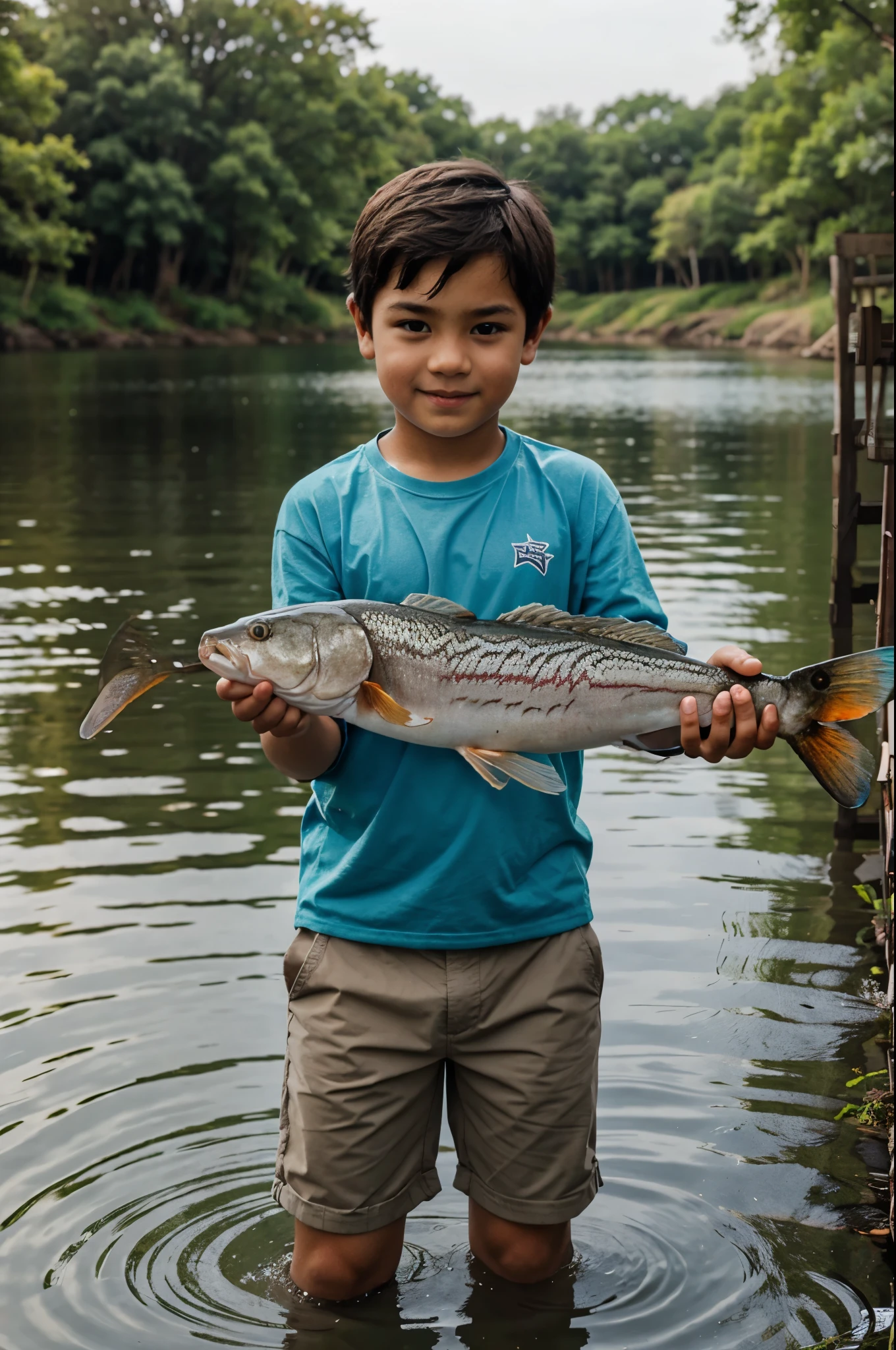 A boy catching fish