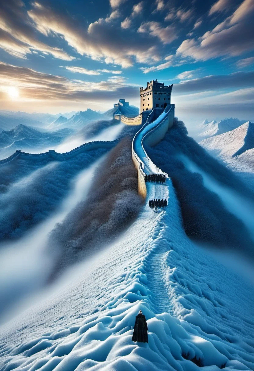 vanishing point, from above, panoramic, super wide angle, satellite images,aerial photography,Game of Thrones floor map ,((Winterfell)),Night King'An S-face appeared in the ice and snow,full of mystery、Cold and strong sense of power,Night King has a very unique appearance。His face is like a withered bone,给人one种死气沉沉、Cold feeling。tall and straight,透露出one种威严与力量。His skin is whiter than milk,Night King's’s eyes are dark blue,像黑冰one样冷酷地燃烧,给人one种深不可测的感觉。他的眼神里带着one种冰冷和残忍,突然像新雪one样洁白,Suddenly dark like a long night,Like the ever-changing night sky。The body is dotted with predictable dark grey-green,Telling about his mystery and power。 Night King emits a strange, Faint blue light,like a light shining in the dark。Popular TV series《game of Thrones》Great Wall of Ice and Snow of China,one(Cliffs made entirely of ice and snow stretch for dozens of miles.:0.85),digital rendering,Hold your head high and chest high,become a solid barrier,(The Great Wall separates the night'White Walker Watch.),background:The wind is very cold、Blizzard raging environment,营造one种不祥的预感和危险感。