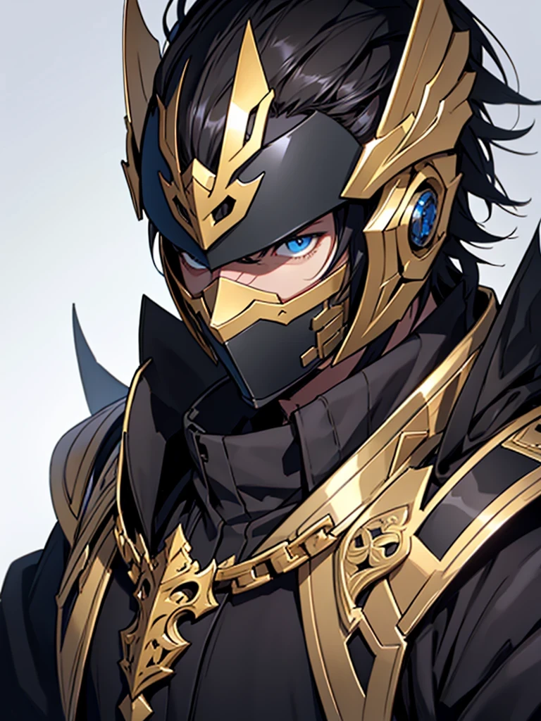 anime, masterpiece, best quality, by professional artist, male, solo, portrait, detailed composition, detailed eyes, white background, short black hair, wearing a black and gold full face helmet that also covers his mouth, black medieval armor, blue eyes, angry