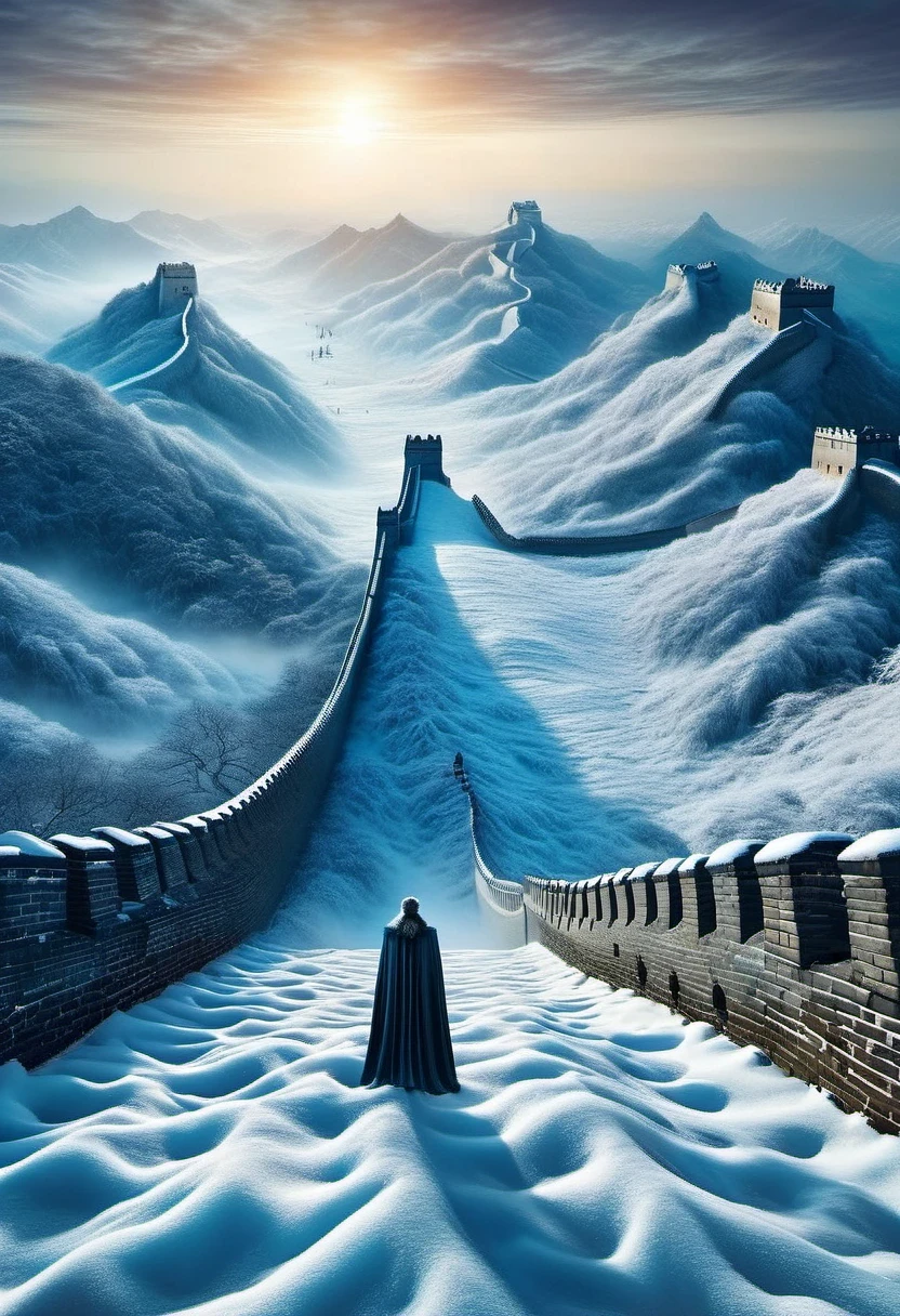 vanishing point, from above, panoramic, super wide angle, satellite images，aerial photography，Game of Thrones floor map ，((Winterfell))，Night King&#39;An S-face appeared in the ice and snow，full of mystery、Cold and strong sense of power，Night King has a very unique appearance。His face is like a withered bone，给人one种死气沉沉、Cold feeling。tall and straight，透露出one种威严与力量。His skin is whiter than milk，Night King&#39;s’s eyes are dark blue，像黑冰one样冷酷地燃烧，给人one种深不可测的感觉。他的眼神里带着one种冰冷和残忍，突然像新雪one样洁白，Suddenly dark like a long night，Like the ever-changing night sky。The body is dotted with predictable dark grey-green，Telling about his mystery and power。 Night King emits a strange, Faint blue light，like a light shining in the dark。Popular TV series《game of Thrones》Great Wall of Ice and Snow of China，one（Cliffs made entirely of ice and snow stretch for dozens of miles.：0.85），digital rendering，Hold your head high and chest high，become a solid barrier，（The Great Wall separates the night&#39;White Walker Watch.），background：The wind is very cold、Blizzard raging environment，营造one种不祥的预感和危险感。