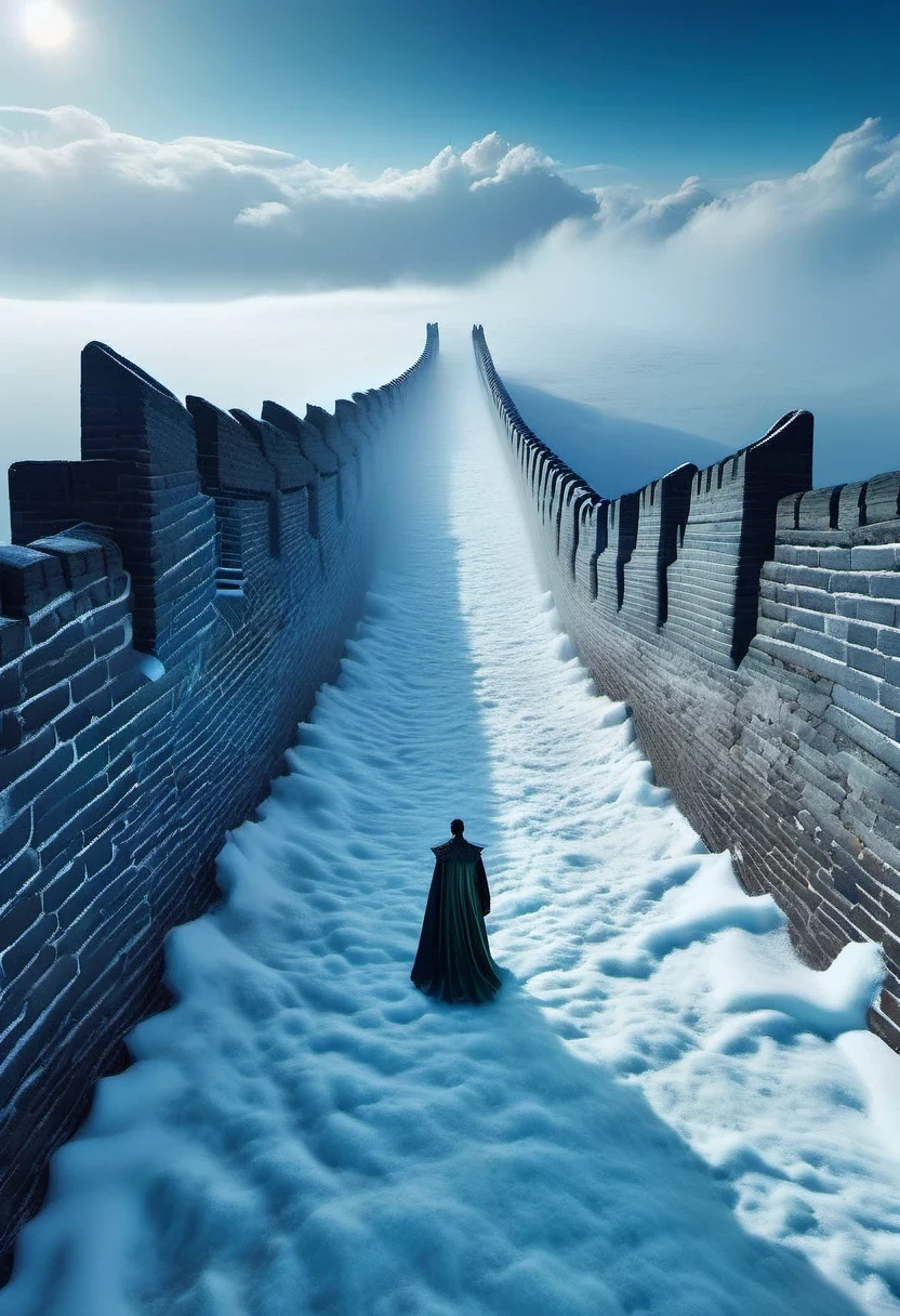 vanishing point, from above, panoramic, super wide angle, satellite images，aerial photography，Game of Thrones floor map ，((Winterfell))，Night King&#39;An S-face appeared in the ice and snow，full of mystery、Cold and strong sense of power，Night King has a very unique appearance。His face is like a withered bone，给人one种死气沉沉、Cold feeling。tall and straight，透露出one种威严与力量。His skin is whiter than milk，Night King&#39;s’s eyes are dark blue，像黑冰one样冷酷地燃烧，给人one种深不可测的感觉。他的眼神里带着one种冰冷和残忍，突然像新雪one样洁白，Suddenly dark like a long night，Like the ever-changing night sky。The body is dotted with predictable dark grey-green，Telling about his mystery and power。 Night King emits a strange, Faint blue light，like a light shining in the dark。Popular TV series《game of Thrones》Great Wall of Ice and Snow of China，one（Cliffs made entirely of ice and snow stretch for dozens of miles.：0.85），digital rendering，Hold your head high and chest high，become a solid barrier，（The Great Wall separates the night&#39;White Walker Watch.），background：The wind is very cold、Blizzard raging environment，营造one种不祥的预感和危险感。