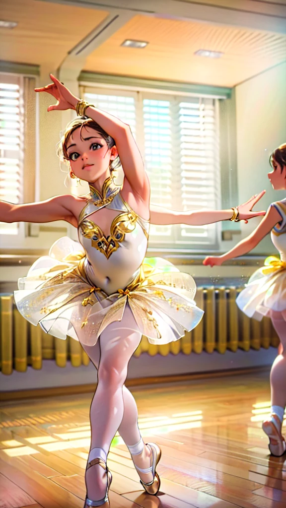 ExtremelyDetailed (((Ballet Dancer Team Kawaii Kids in a row:1.4))), Childish perfect face, Reflective Eyes, Detailed(Delicate Clothing textures), Corrected Leg to Foot Line, Corrected Childish Hand, Dynamic Joyful Expressions LifeLike Rendering, ((Specular Reflection:0.8)), TopQuality 8K Ultra-detailed masterpiece (ProfessionalPhoto:1.37)(Acutance:0.8),(Luminism:1.28), facing away (from side ) Assfocus 