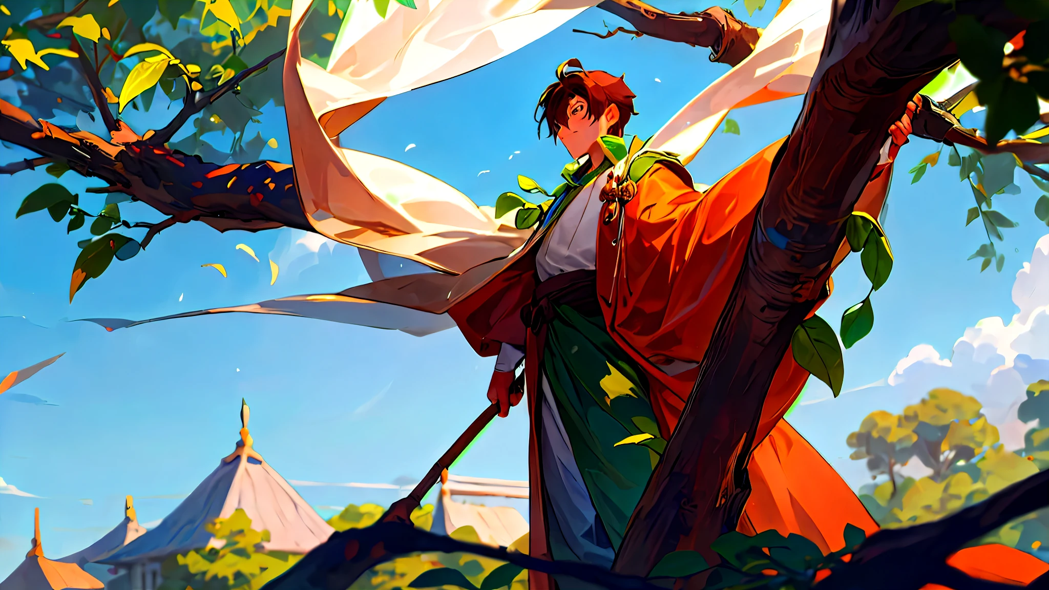 one male person Wear a brown robe Bringing down a green bean tree, distant camera angle