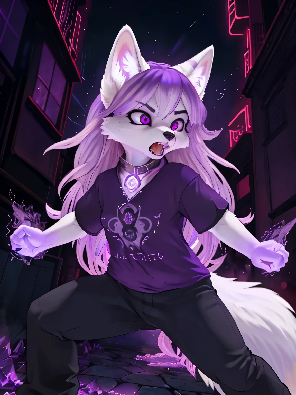 (a short female white fox furry with white fur, violet eyes, long lilac hair,white fur,violet octaheadron crystal on neck, black fur on ears), red lights, small breasts, curvy, angry, growling, t-shirts, pants, in night city, magic, warlock, dreadful, casting a spell, dynamic pose