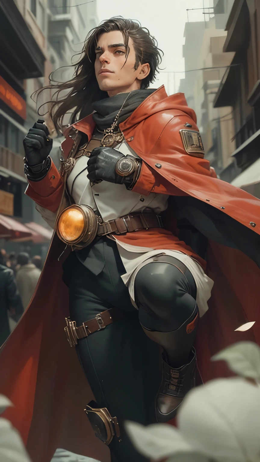 Develop the image of a hero in a red and white suit. The hero must have a noble and powerful appearance., with pronounced character traits. Un disfraz rojo y blanco debe ser moderno y futurista, with technological elements and details, that make it unique. The hero must be in a heroic pose, Like he&#39;s ready to take on any challenge, Who will meet on your way. La escena de fondo puede ser un paisaje urbano. Feel free to add creative and interesting details, to make the hero even more exciting