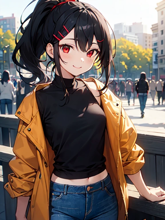 vibrant colors, masterpiece, sharp focus, best quality, depth of field, cinematic lighting, outdoors, shirt, jacket, jeans, smile, sunlight, 1girl(black hair, red eyes, ponytail, hairclip)