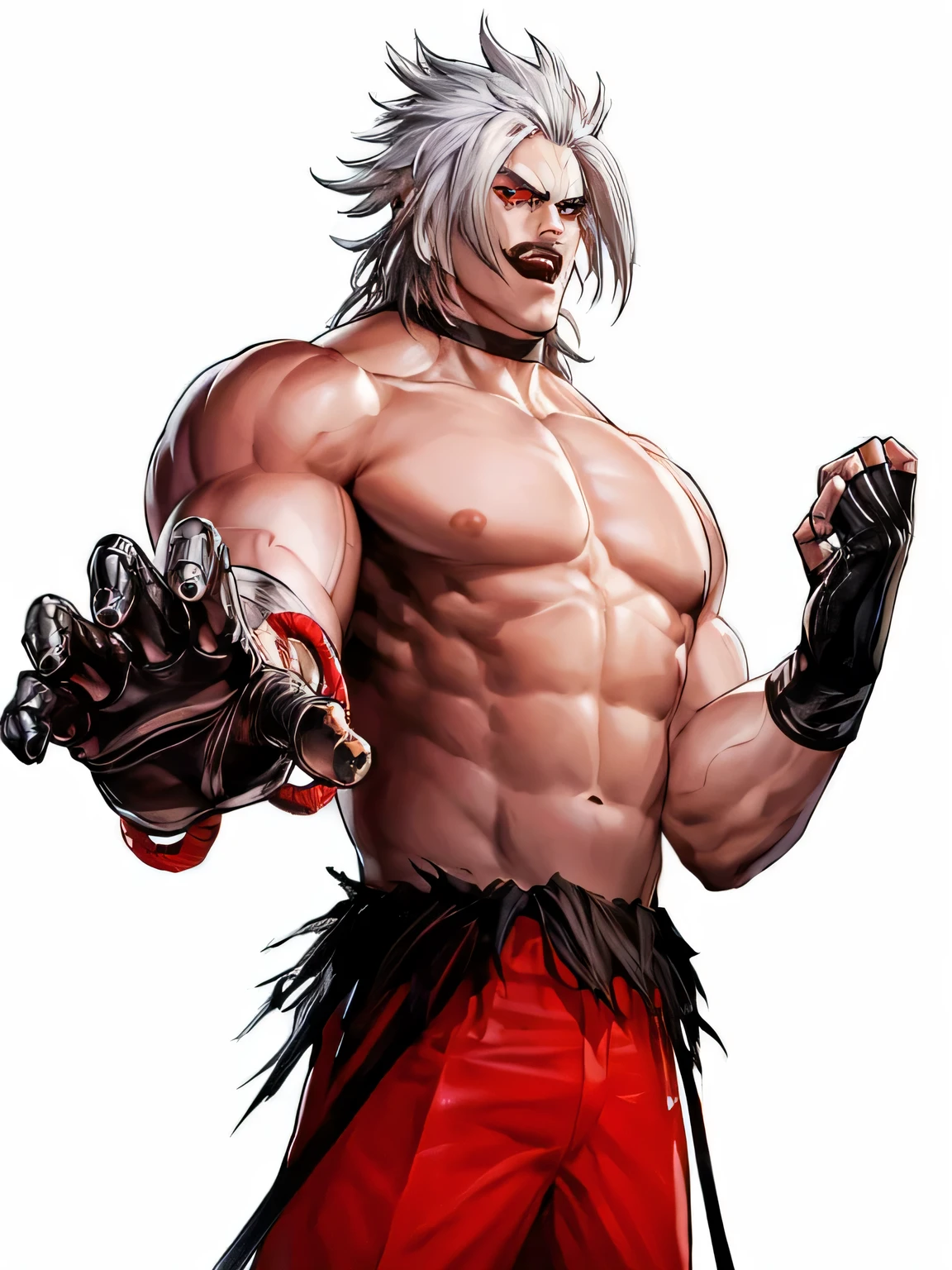 a man with white hair and red pants holding a knife, como um personagem em Tekken, personagem de jogo de luta, personagem do rei dos lutadores, estilo rei dos lutadores, tsurumaki kazuya, demon boxing hero, tekken 7, mudoken, pose de lutador, tekken, kazuma kaneko, muscular character, pose de luta