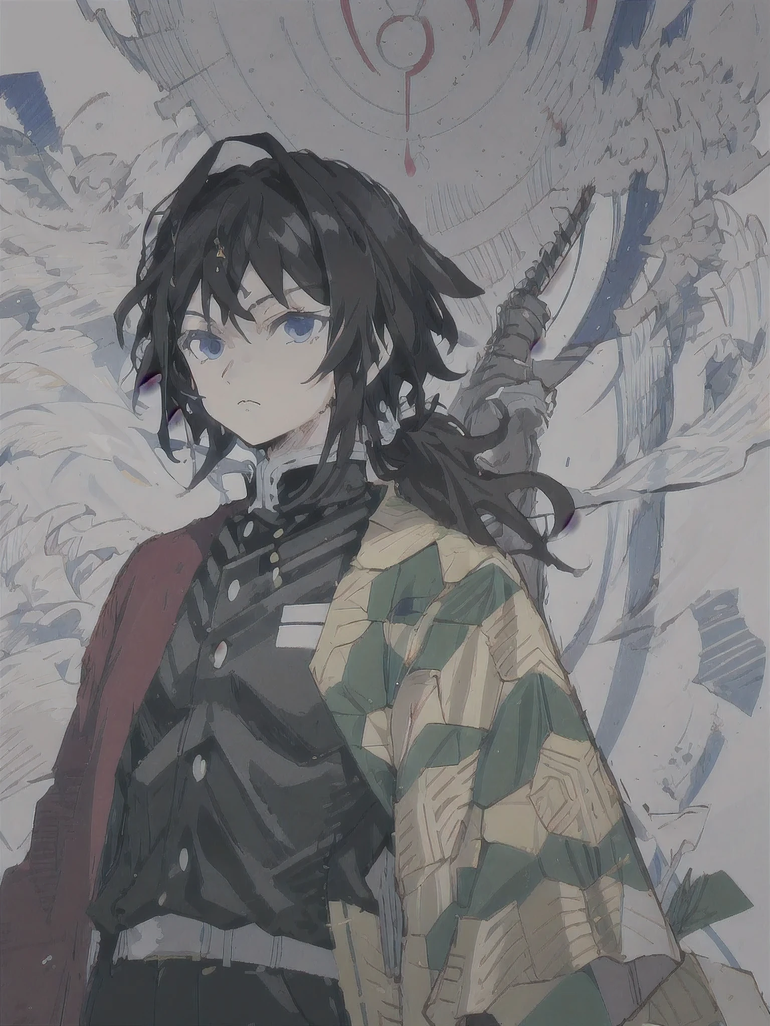 Tomioka Yuyuki from Demon Slayer: Kimetsu no Yaiba,black hair,low ponytail,coat,Male high school student in black clothes,simple background,blue eyes,1 boy,alone,upper body portrait,Simple lines,black and white pictures,draw line,