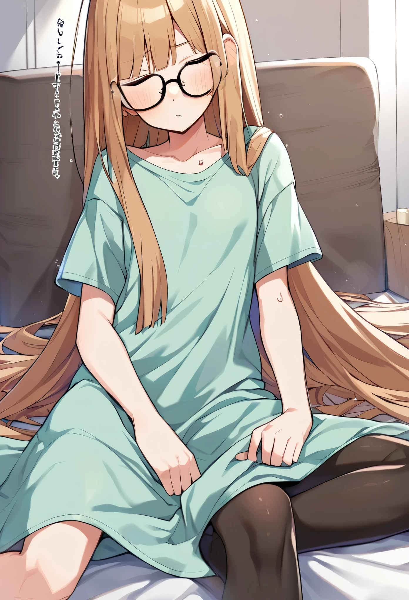 Milk tea colored straight hair, brown glasses, long hair, light green baggy long sweat dress, black tights, anime character,I'm sleeping because I'm tired, and my clothes are coming off.