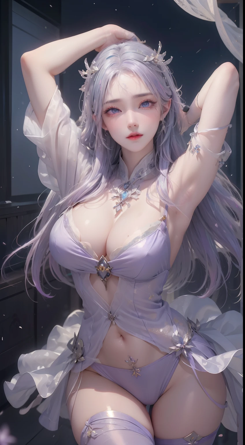 (logo、masterpiece、8k、table top、RAW photo、wonderful、最high quality、Photorealistic and hvery detailed CG integrated 8k wallpaper、high quality、very detailed、Narrative poem、particle effects、dynamic effects、written boundary depth、cinematic light、Lens flare、ray tracing)、fantasy、 (1 beautiful woman、light purple hair、beautiful face、real face、beautiful detailed eyes、beautiful skin、woman dancing gracefully:1.7、woman dancing gracefully:1.7)、Hair flutters in Wind、hair bouncey hair dances in the wind、hair jump、halter neck、leather pants suit、leather jacket、silver earrings、night、Wind、darkness、snow and hoarfrost、very cold winter day、snow-capped mountainや森、hoarfrost、snow-capped mountain々、The beauty and brilliance of frost-covered trees、Serenity and beauty meadow of ice and snow world、vast land、Lakeside、wonderful scenery、Beautiful natural wind scenery、night sky、Wind、cherry blossoms、cherry blossomsの花びらが舞っている、cherry blossoms吹雪、falling petals
