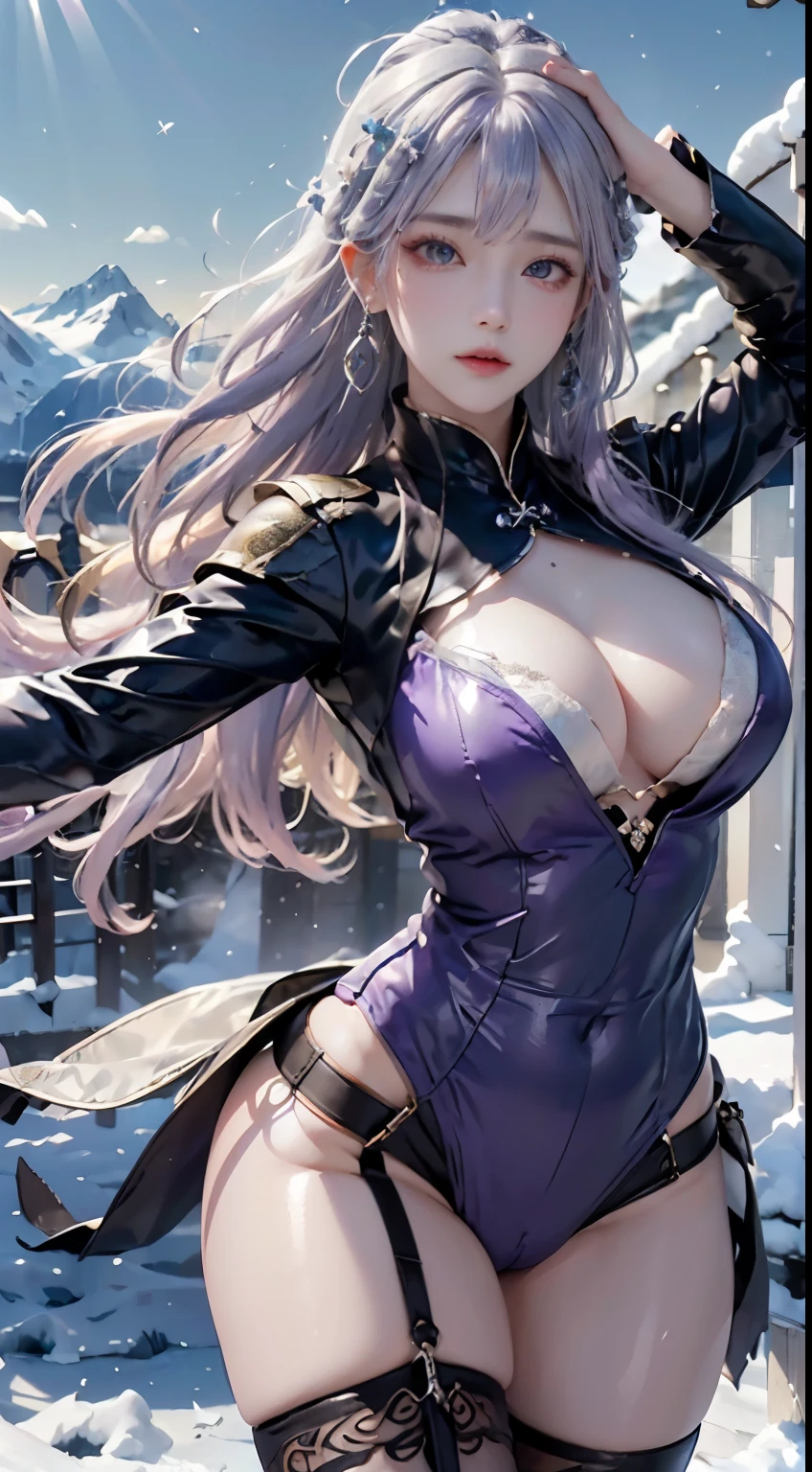 (logo、masterpiece、8k、table top、RAW photo、wonderful、最high quality、フォトリアルでvery detailedなCG統合8k壁紙、high quality、very detailed、Narrative poem、particle effects、dynamic effects、Depth of text realm、movie light、Lens flare、ray tracing)、fantasy、(1 beauty、light purple hair、beautiful face、real face、detailed eyes、beautiful skin、woman dancing gracefully:1.7、woman dancing gracefully:1.7)、Windになびく髪、hair bouncing、髪がWindに踊る、hair jump、halter neck、Leather Pantsuit、leather jacket、silver earrings、night、Wind、darkness、雪とhoarfrost、frigid winter day、snow-capped mountains and forests、hoarfrost、snow-capped mountain々、The beauty and brilliance of frost-covered trees、A meadow of silence and beauty in a world of ice and snow、vast land、Lakeside、wonderful景色、美しい自然のWind景、night空、Wind、cherry blossoms、cherry blossomsの花びらが舞っている、cherry blossoms吹雪、falling petals