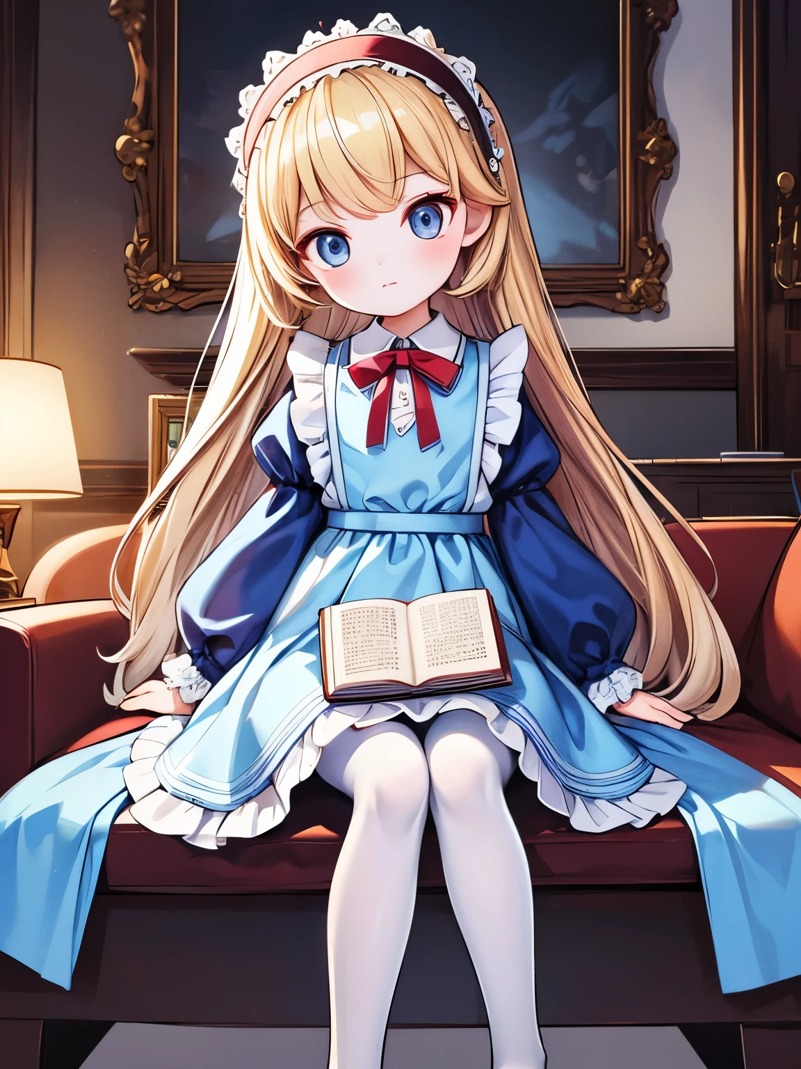 (masterpiece), (best quality), illustration, ultra detailed, hdr, Depth of field, (colorful), ****,alice margatroid,1girl,solo,long hair,blonde hair,white pantyhose,sitting,hairband,looking at viewer,pantyhose,red hairband,indoors,dress,shirt,frills,long sleeves,bangs,book,white shirt,blush,flower,very long hair,lamp,bow,blue eyes,feet out of frame,blue dress,ribbon,blue bow,holding,chair,skirt,bowtie,blue skirt,neck ribbon,puffy sleeves,closed mouth,picture frame,painting (object),couch,collared shirt,cup,frilled dress,picture (object),pinafore dress,Knitted dolls