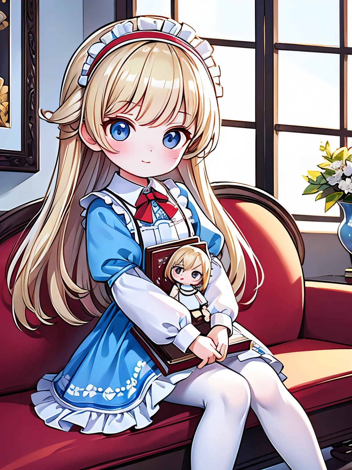 (masterpiece), (best quality), illustration, ultra detailed, hdr, Depth of field, (colorful), ****,alice margatroid,1girl,solo,long hair,blonde hair,white pantyhose,sitting,hairband,looking at viewer,pantyhose,red hairband,indoors,dress,shirt,frills,long sleeves,bangs,book,white shirt,blush,flower,very long hair,lamp,bow,blue eyes,feet out of frame,blue dress,ribbon,blue bow,holding,chair,skirt,bowtie,blue skirt,neck ribbon,puffy sleeves,closed mouth,picture frame,painting (object),couch,collared shirt,cup,frilled dress,picture (object),pinafore dress,Knitted dolls