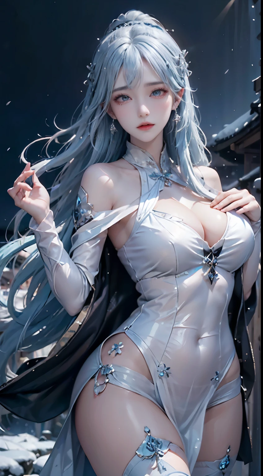 (logo、masterpiece、8k、table top、RAW photo、wonderful、最high quality、フォトリアルでvery detailedなCG統合8k壁紙、high quality、very detailed、Narrative poem、particle effects、dynamic effects、Depth of text realm、movie light、Lens flare、ray tracing)、fantasy、(1 beauty、light blue hair、beautiful face、real face、detailed eyes、beautiful skin、dancing woman:1.7、優雅にdancing woman:1.7)、Windになびく髪、hair bounces、髪がWindになびく、hair jump、halter neck、leather pants、leather jacket、silver earrings、night、Wind、darkness、雪とhoarfrost、frigid winter day、snow-capped mountains and forests、hoarfrost、snow-capped mountain々、The beauty and brilliance of frost-covered trees、Grassland of serenity and beauty in the ice and snow world、vast land、Lakeside、wonderful景色、美しい自然のWindの景色、night空、Wind、cherry blossoms、cherry blossomsの花びらが舞っある、cherry blossoms吹雪、falling petals