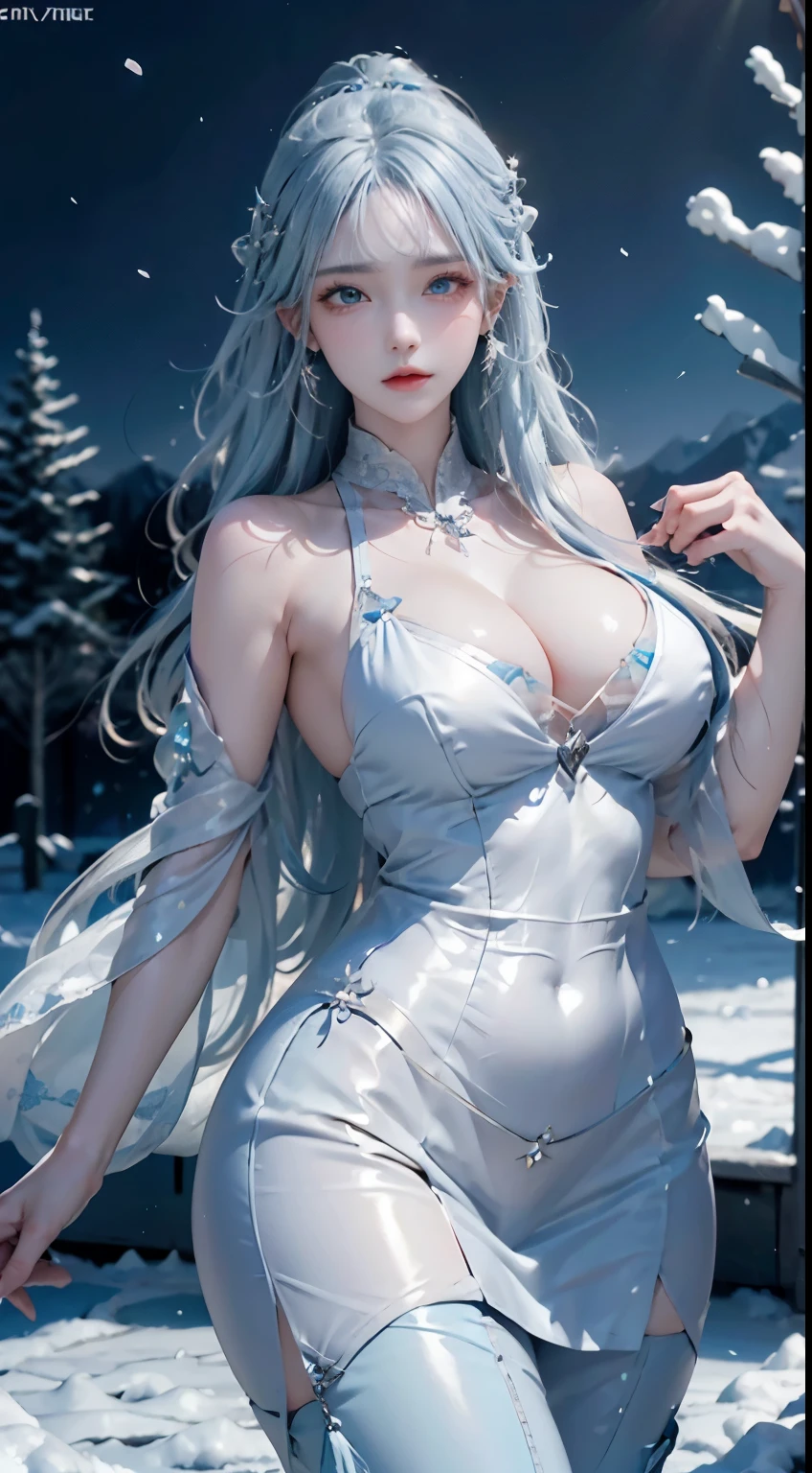 (logo、masterpiece、8k、table top、RAW photo、wonderful、最high quality、フォトリアルでvery detailedなCG統合8k壁紙、high quality、very detailed、Narrative poem、particle effects、dynamic effects、Depth of text realm、movie light、Lens flare、ray tracing)、fantasy、(1 beauty、light blue hair、beautiful face、real face、detailed eyes、beautiful skin、dancing woman:1.7、優雅にdancing woman:1.7)、Windになびく髪、hair bounces、髪がWindになびく、hair jump、halter neck、leather pants、leather jacket、silver earrings、night、Wind、darkness、雪とhoarfrost、frigid winter day、snow-capped mountains and forests、hoarfrost、snow-capped mountain々、The beauty and brilliance of frost-covered trees、Grassland of serenity and beauty in the ice and snow world、vast land、Lakeside、wonderful景色、美しい自然のWindの景色、night空、Wind、cherry blossoms、cherry blossomsの花びらが舞っある、cherry blossoms吹雪、falling petals