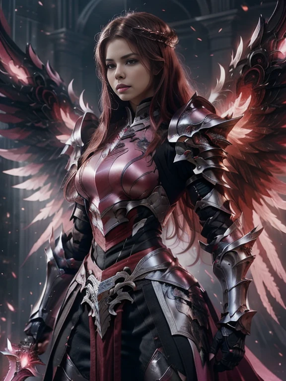 (masterpiece, best quality:1.2), Character design, ((1 girl, solo)), warrior of xian, slim body, medium chest, skinny waist, ((long deep red hair)). blue eyes. (((pink fantasy armor a female knight in a pink full armor))), (((big pauldrons, intricate details))), (((large armor wings))), (((advanced weapon fantasy plasma sword in right hand))), (standing), (((side body view))), plain gray background, masterpiece, HD high quality, 8K ultra high definition, ultra definition,