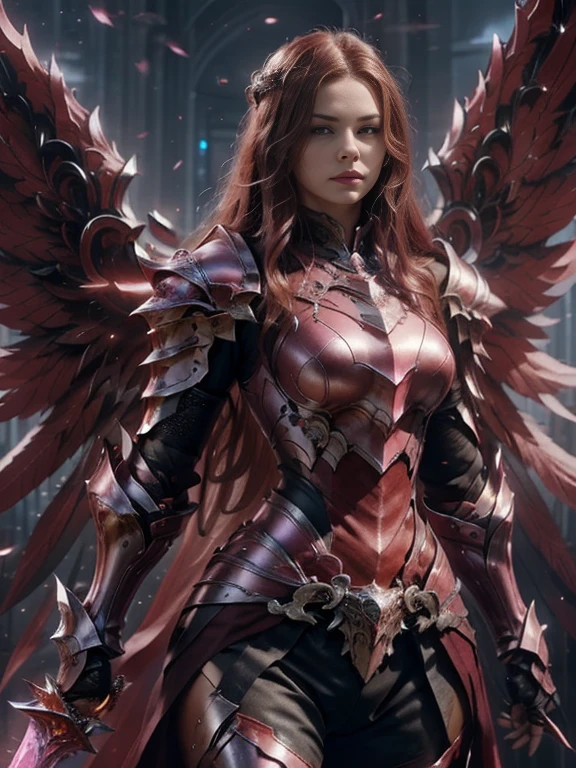 (masterpiece, best quality:1.2), Character design, ((1 girl, solo)), warrior of xian, slim body, medium chest, skinny waist, ((long deep red hair)). blue eyes. (((pink fantasy armor a female knight in a pink full armor))), (((big pauldrons, intricate details))), (((large armor wings))), (((advanced weapon fantasy plasma sword in right hand))), (standing), (((side body view))), plain gray background, masterpiece, HD high quality, 8K ultra high definition, ultra definition,