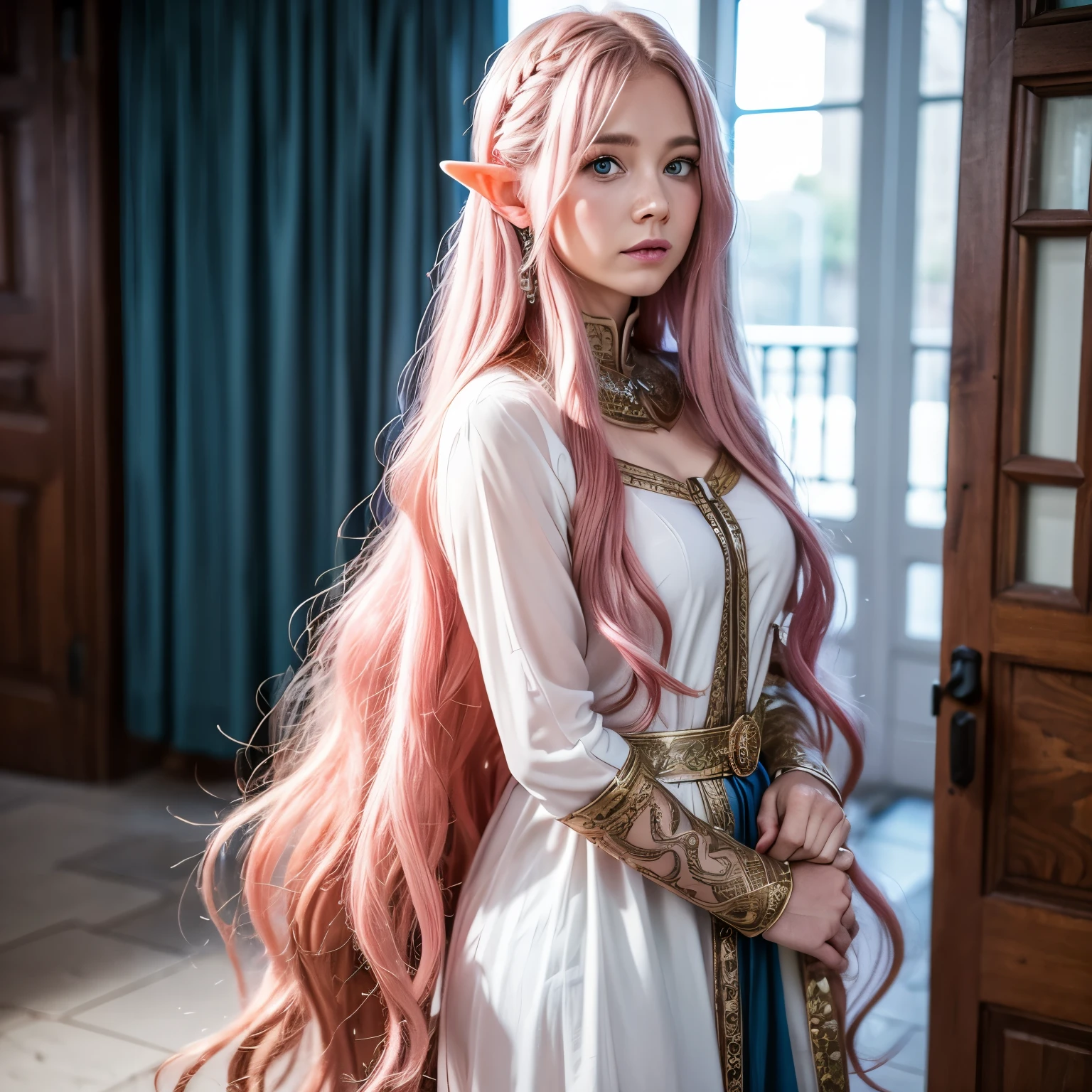 Elf, woman, long wavy hair, pink hair, blue eyes