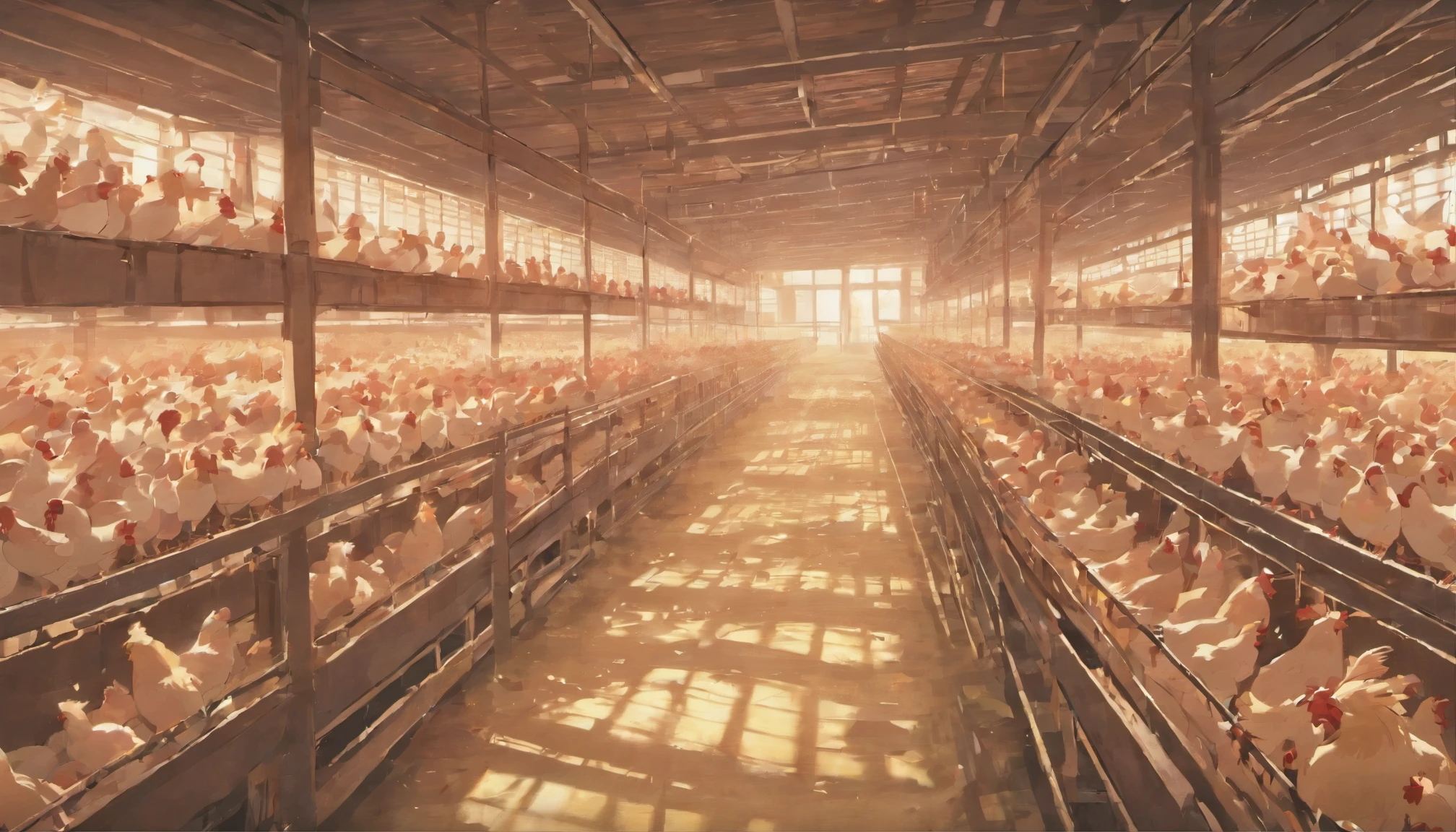 lots of chickens in cage in a chicken breeding farm building, no humans, just chickens