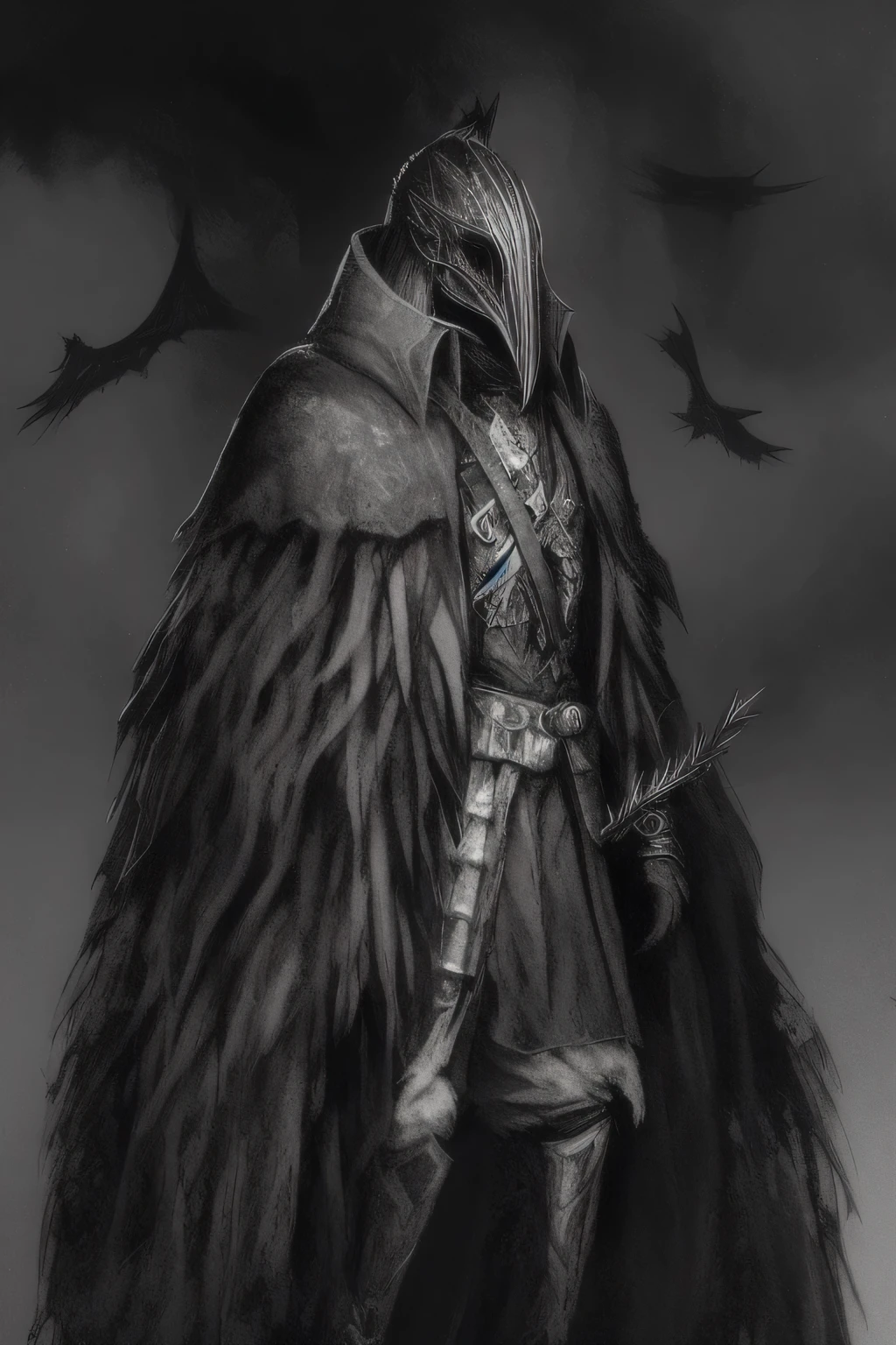 a drawing of a man in a cloak and a sword, dark fantasy character design, portrait of a bloodborne hunter, anthropomorphic raven knight, dark cloaked necromancer, dark fantasy concept art, fantasy ttrpg villain, dark hooded wraith, plague doctor, the plague doctor, the allfather, dark soul concept art, dark fantasy style art