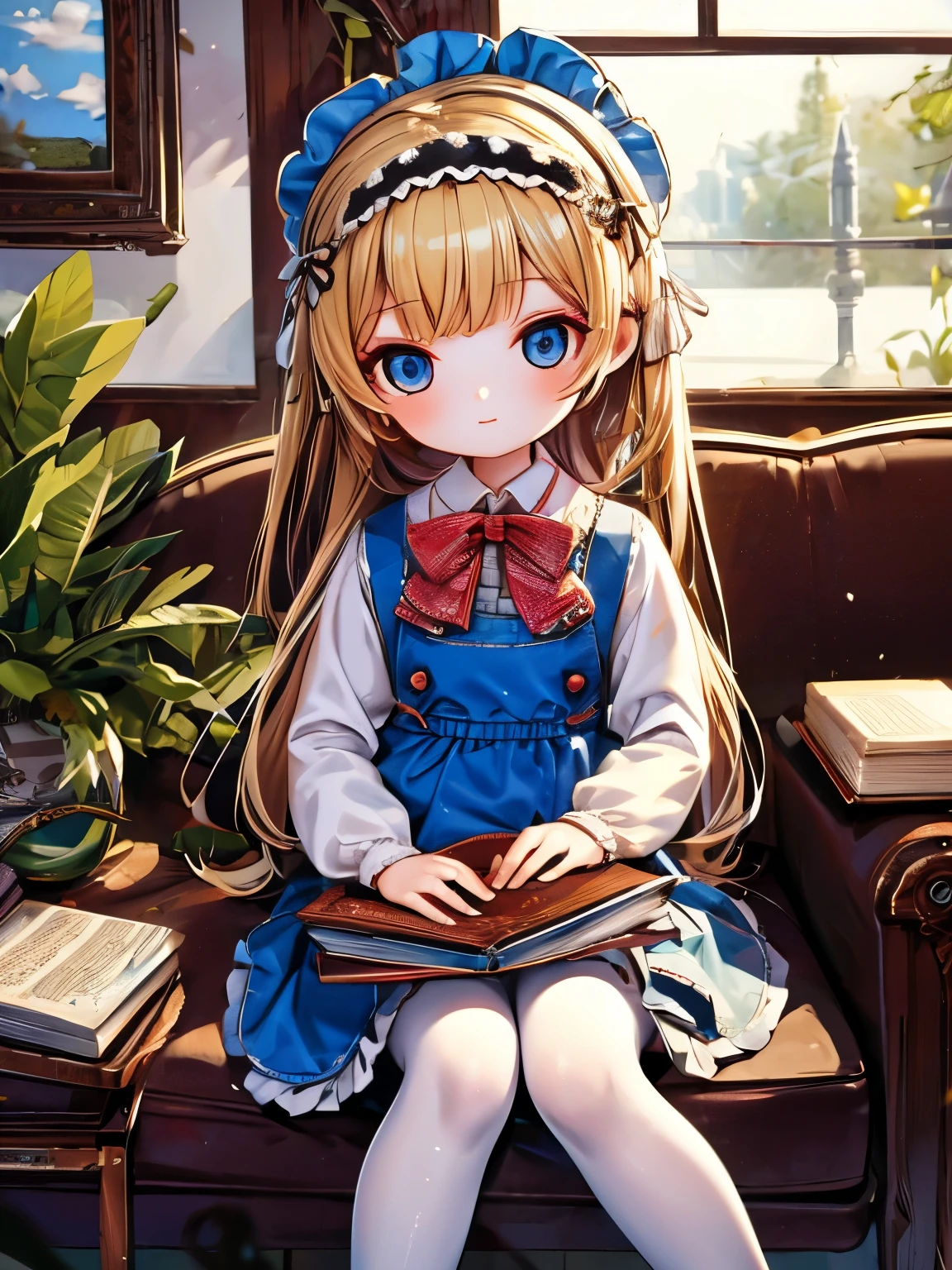 (masterpiece), (best quality), illustration, ultra detailed, hdr, Depth of field, (colorful), ****,alice margatroid,1girl,solo,long hair,blonde hair,white pantyhose,sitting,hairband,looking at viewer,pantyhose,red hairband,indoors,dress,shirt,frills,long sleeves,bangs,book,white shirt,blush,flower,very long hair,lamp,bow,blue eyes,feet out of frame,blue dress,ribbon,blue bow,holding,chair,skirt,bowtie,blue skirt,neck ribbon,puffy sleeves,closed mouth,picture frame,painting (object),couch,collared shirt,cup,frilled dress,picture (object),pinafore dress,Knitted dolls