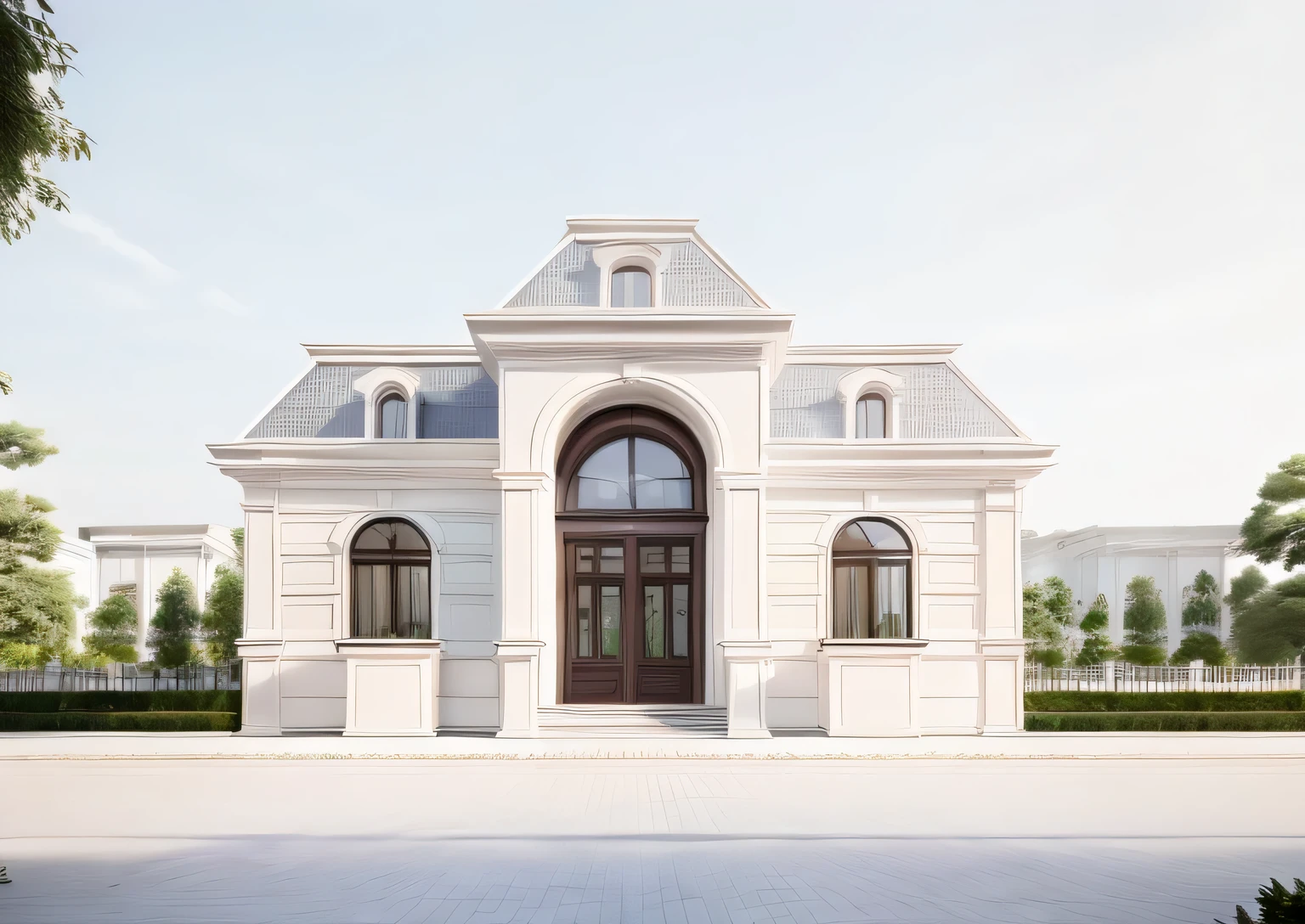 masterpiece, (photorealistic:1.2), best quality, ultra high res, exterior,architechture,modern house,white wall, glass windows,trees around, blue sky,in the style of realistic hyper-detailed rendering, luxury neoclassical villa, in the style of neoclassical scenes, white,  daylight,  best quality