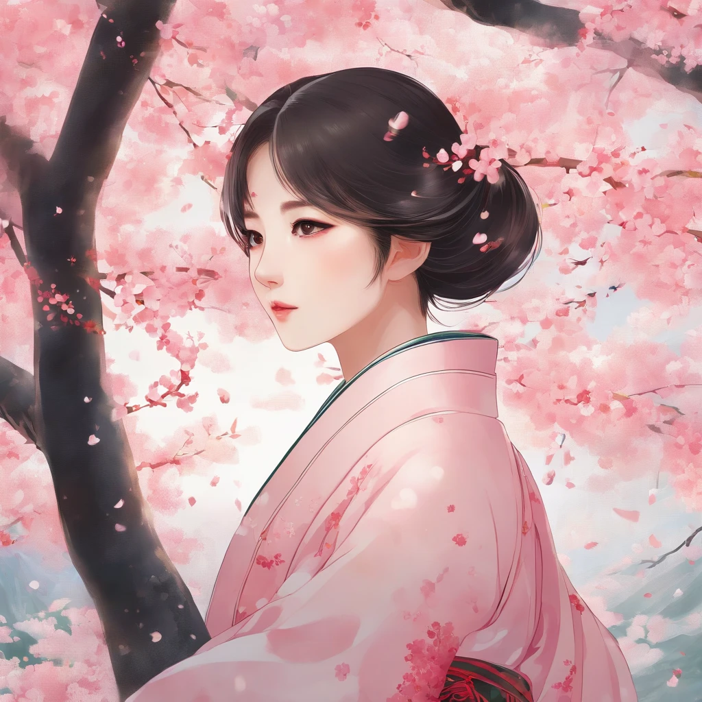 A girl surrounded by blooming cherry blossoms, wearing a flowing kimono,admiring the delicate pink petals falling from the trees. She has almond-shaped eyes with long lashes, a small nose, and rosy lips. The cherry blossoms cover the ground like a soft pink carpet, creating a serene and peaceful atmosphere. The scene is bathed in warm, golden sunlight, casting gentle shadows on the girl's face and illuminating the delicate details of the flowers. The artwork is created in traditional Japanese painting style, capturing the grace and elegance of the cherry blossoms. The colors are vivid and vibrant, with shades of pink, white, and green dominating the composition. The artwork is of the highest quality, with ultra-detailed brushstrokes and sharp focus on every element. The overall effect is like a masterpiece, showcasing the beauty and fragility of cherry blossoms in full bloom.