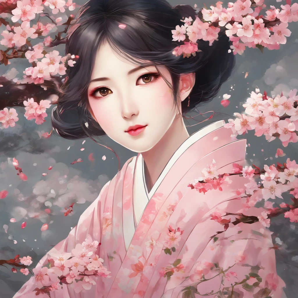 A girl surrounded by blooming cherry blossoms, wearing a flowing kimono,admiring the delicate pink petals falling from the trees. She has almond-shaped eyes with long lashes, a small nose, and rosy lips. The cherry blossoms cover the ground like a soft pink carpet, creating a serene and peaceful atmosphere. The scene is bathed in warm, golden sunlight, casting gentle shadows on the girl's face and illuminating the delicate details of the flowers. The artwork is created in traditional Japanese painting style, capturing the grace and elegance of the cherry blossoms. The colors are vivid and vibrant, with shades of pink, white, and green dominating the composition. The artwork is of the highest quality, with ultra-detailed brushstrokes and sharp focus on every element. The overall effect is like a masterpiece, showcasing the beauty and fragility of cherry blossoms in full bloom.