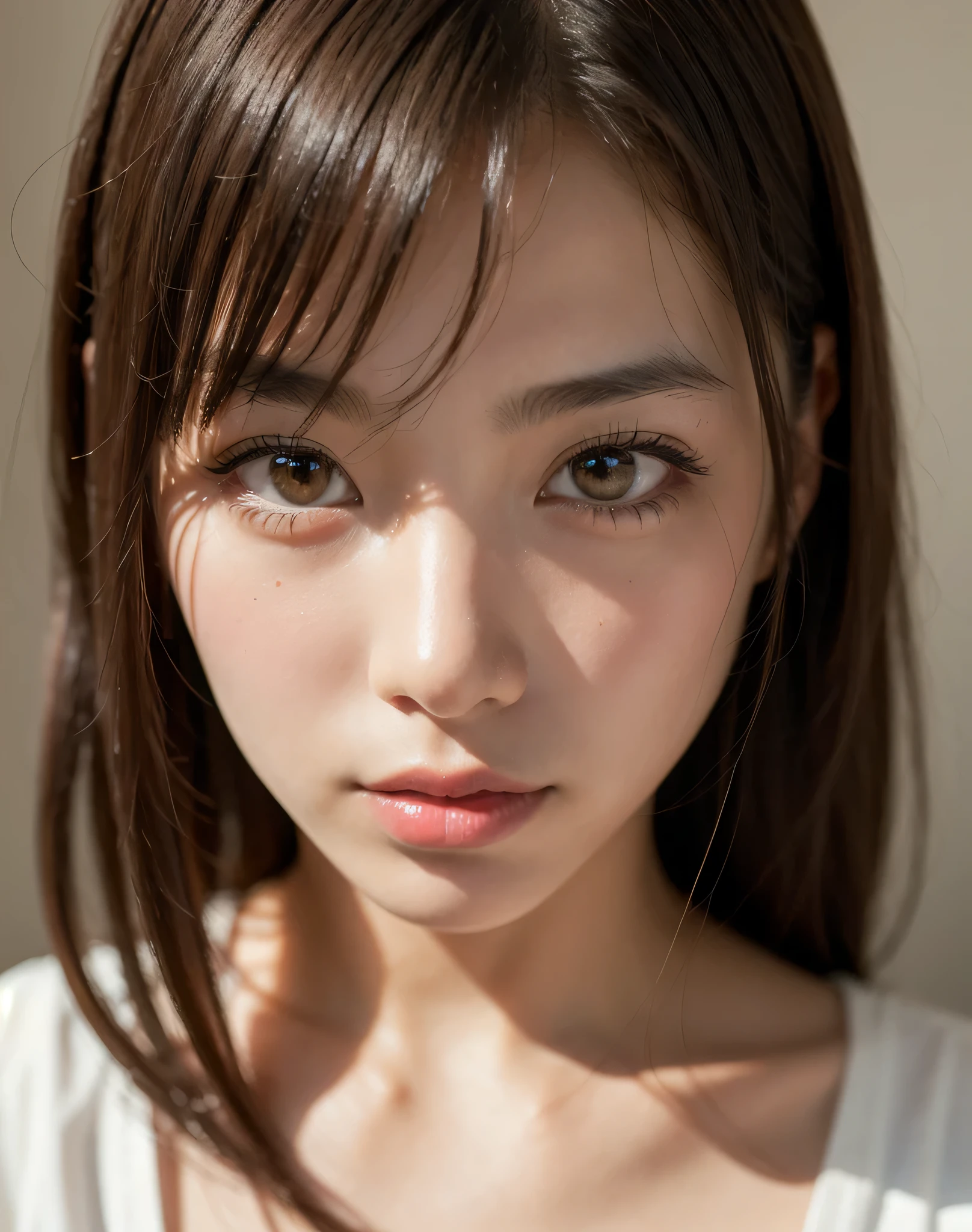 best quality, Face focus, soft light, Ultra high resolution, (realistic:1.4), raw photos,
1 Japanese girl, alone, cute, (student, Light enters the eyes), Beautiful, detailed face, (),(High resolution details of human surface.),
(long hair),
indoor,
Dark red shirt dress,
(Portrait)