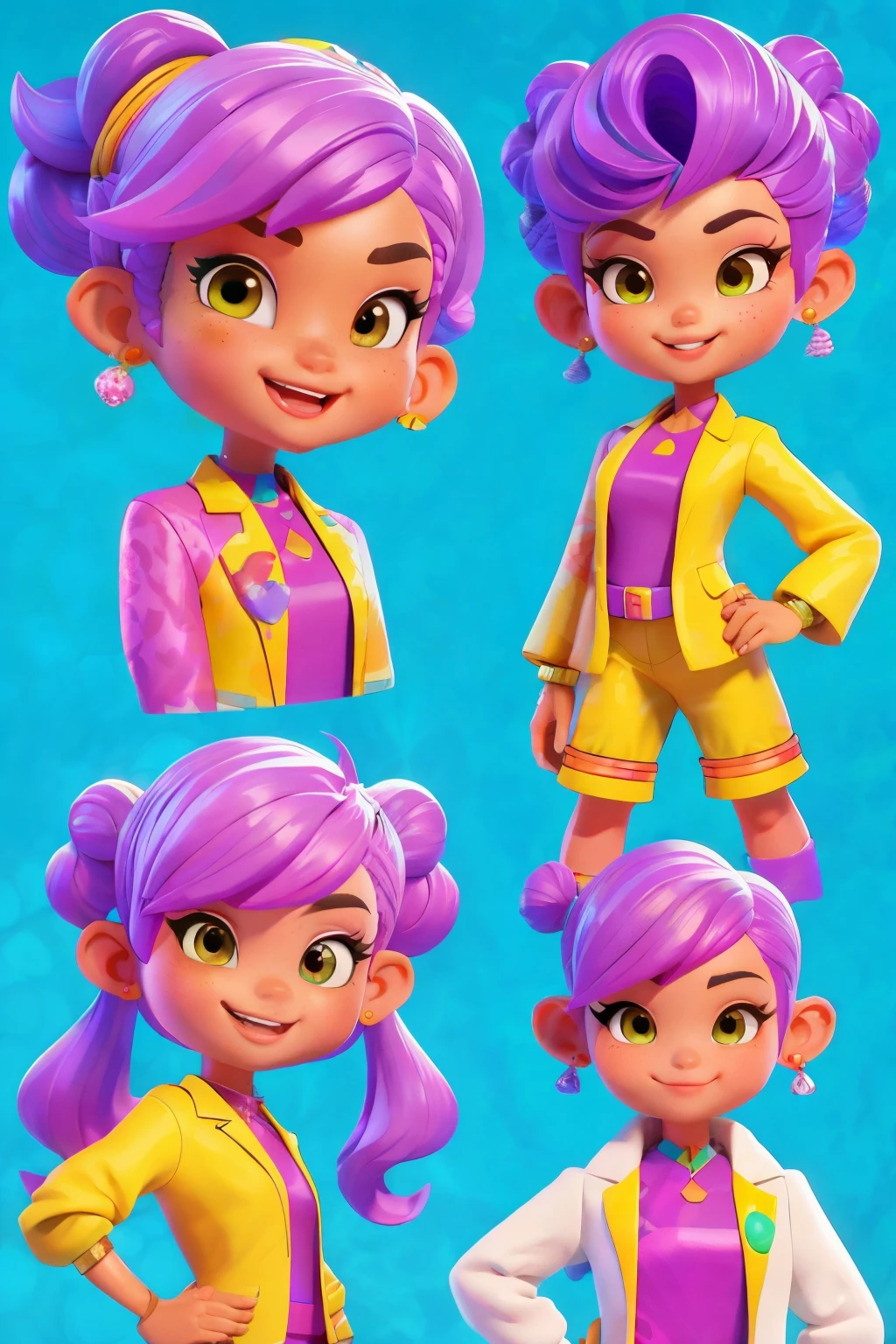 personagem 3d, 1 , Asian Maldivian adult woman))), hazel eyes, Frohawk Rosa, Jammers, (corpo inteiro: 1.2), fundo simples, obra-prima, melhor qualidade, (fundo gradiente de ameixa clara: 1.1) colorful rainbow hair