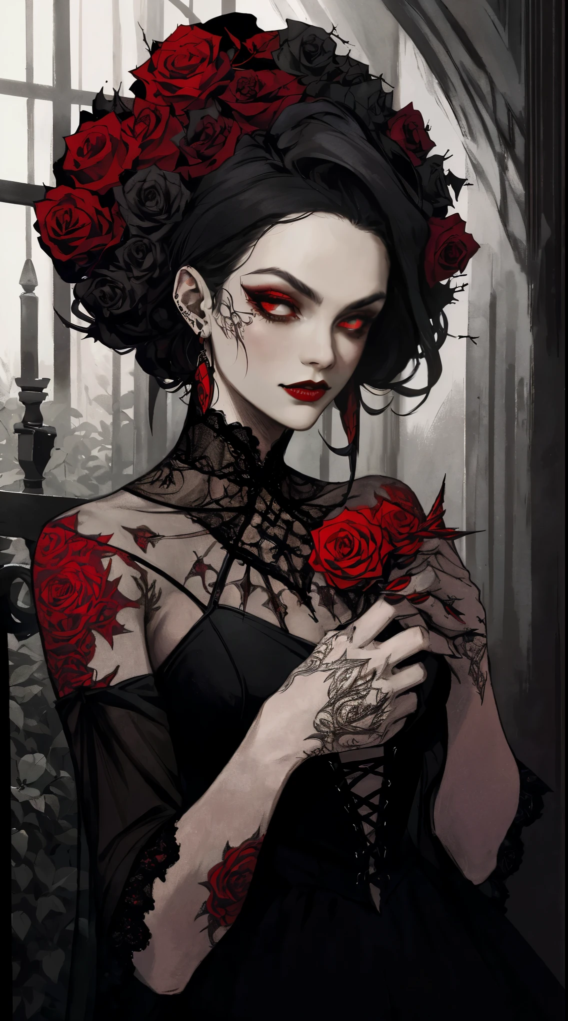 <lyco:BLTA2:0.8> A vampire woman, rose, portrait ,BLTA