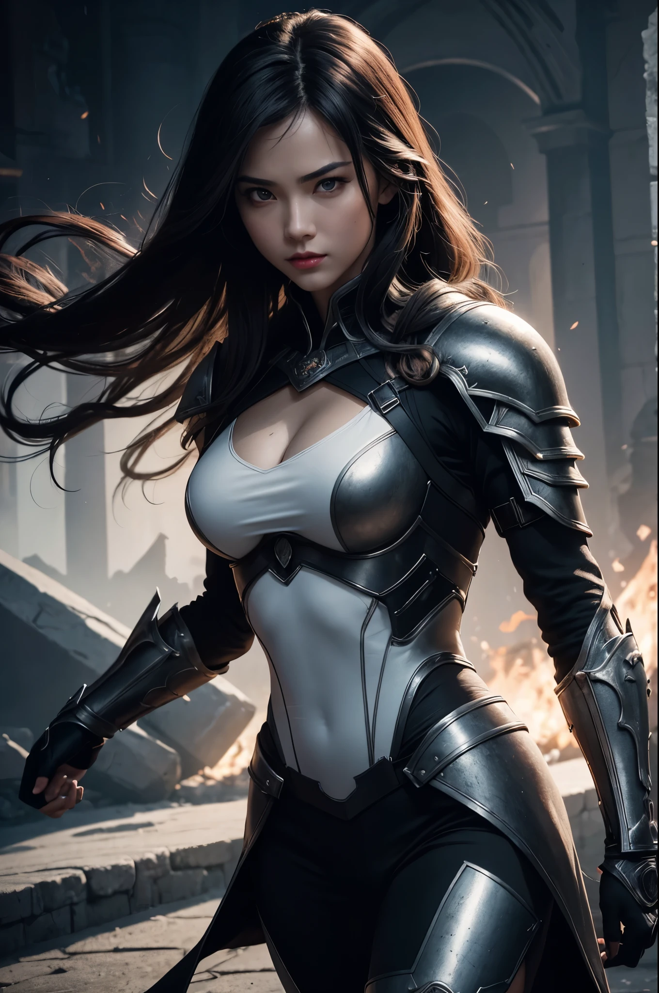 8K,A female demon slayer who threw a long, large sword.,Super beautiful(like the real thing),luxurious black chest armor,luxury white coat,luxurious black shoulder armor,luxury black gauntlets,luxury black leg armor,muscular slim body,Violent and strongly cracked abdominal muscles,hazel eyes,clear eyes,red lips,black curly hair,sexy battle suit,masterpiece,Photorealistic RAW photos of the highest quality。bright colors,rich colors, Backlight, cinematic lighting, film grain, to be born, 50mm lens, Nikon D850,detailed character art,fantasy art,ultra high resolution,super realistic skin,perfect hand shape,In front of the ruins,dynamic pose,Close-up,fighting pose,action scene,Martial Arts Posture,luxury white coat,