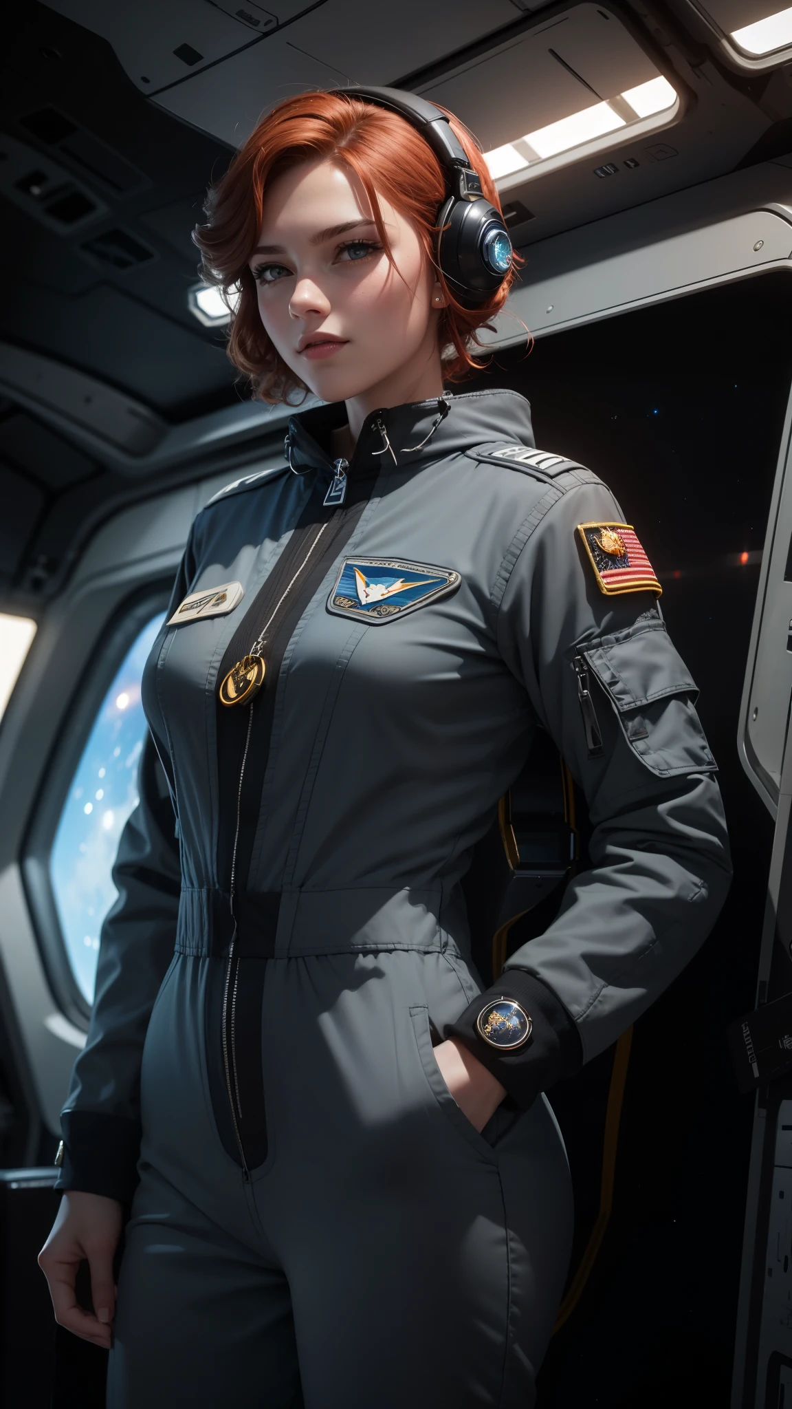 ((photorealism, high quality, detail)), (the whole body:1.10), ((it costs half a turn:1.10)) science fiction, Futuristic setting, Military, (girl pilot of the space fleet), (girl pilot of a spaceship), (slender girl 25 years old, thin figure:1.7, small breasts), attractive appearance, looks at us with seductive eyes, (sly face, mysterious smile), very beautiful, ((redheads:1.10)) thick curly hair (shoulder length:1.5), blue eyes, ((dark gray)) uniform, (((dark gray space pilot jumpsuit))), (medals:1.10), volumetric lighting, Sargent ISO1600 uniform, unreal engin 5, octane rendering, (2D: 1.2), digital painting, artstation, concept art, smooth, clear focus,