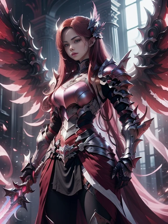 (masterpiece, best quality:1.2), Character design, ((1 girl, solo)), warrior of xian, slim body, medium chest, skinny waist, ((long deep red hair)). blue eyes. (((pink fantasy armor a female knight in a pink full armor))), (((big pauldrons, intricate details))), (((large armor wings))), (((advanced weapon fantasy plasma sword in right hand))), (standing), (((side body view))), plain gray background, masterpiece, HD high quality, 8K ultra high definition, ultra definition,