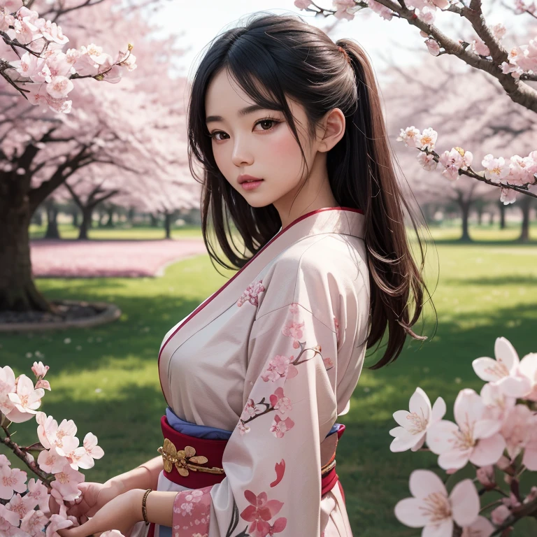 A girl surrounded by blooming cherry blossoms, wearing a flowing kimono,admiring the delicate pink petals falling from the trees. She has almond-shaped eyes with long lashes, a small nose, and rosy lips. The cherry blossoms cover the ground like a soft pink carpet, creating a serene and peaceful atmosphere. The scene is bathed in warm, golden sunlight, casting gentle shadows on the girl's face and illuminating the delicate details of the flowers. The artwork is created in traditional Japanese painting style, capturing the grace and elegance of the cherry blossoms. The colors are vivid and vibrant, with shades of pink, white, and green dominating the composition. The artwork is of the highest quality, with ultra-detailed brushstrokes and sharp focus on every element. The overall effect is like a masterpiece, showcasing the beauty and fragility of cherry blossoms in full bloom.