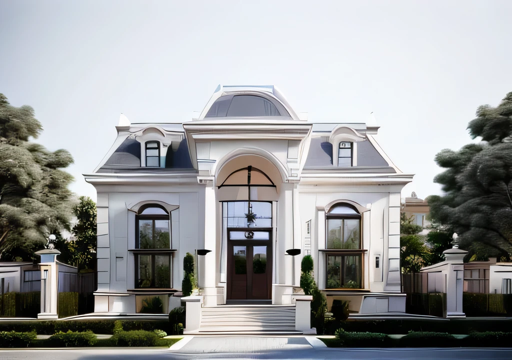 masterpiece, (photorealistic:1.2), best quality, ultra high res, exterior,architechture,modern house,white wall, glass windows,trees around, blue sky,in the style of realistic hyper-detailed rendering, luxury neoclassical villa, in the style of neoclassical scenes, white,  daylight,  best quality