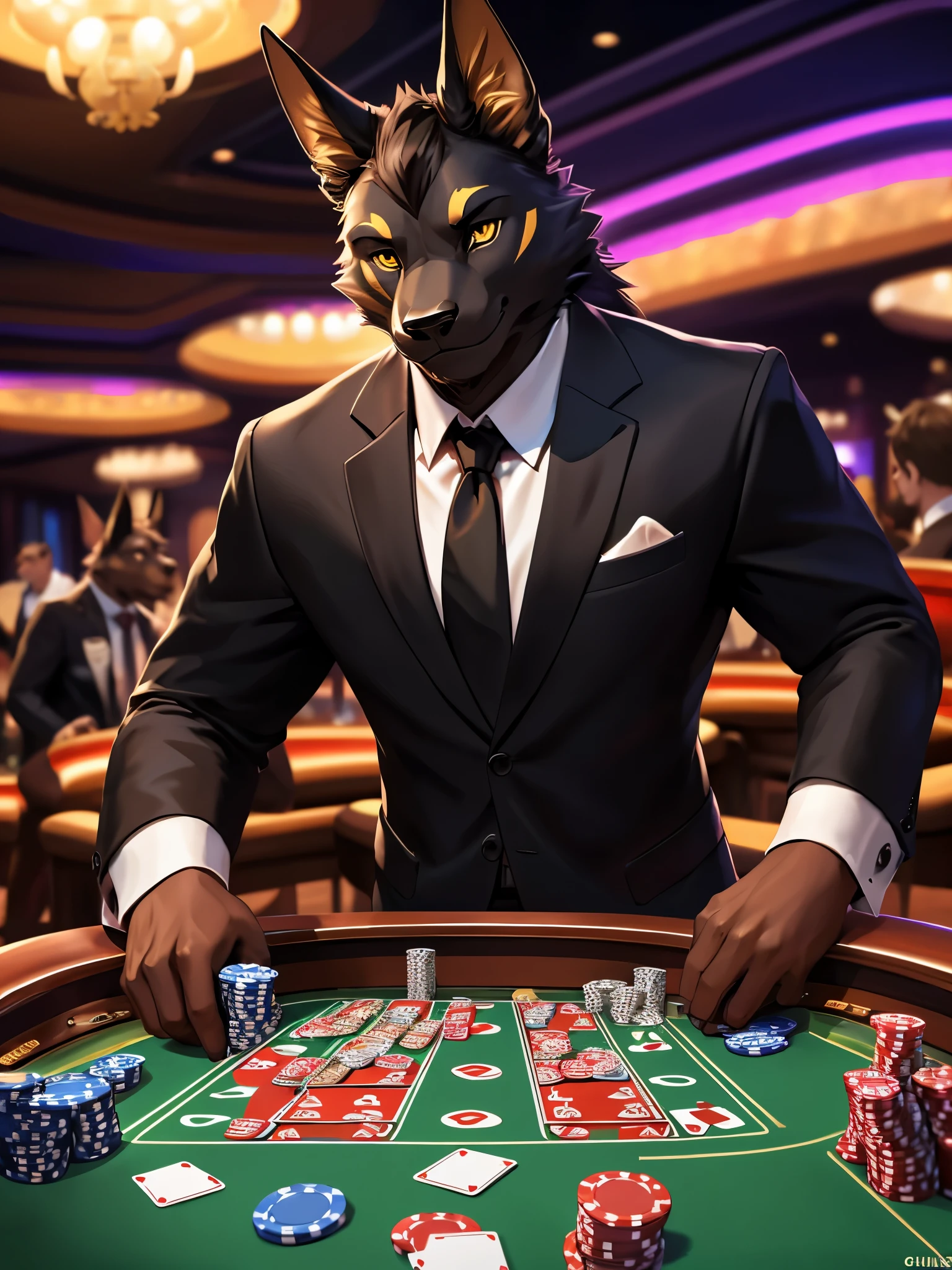 (jinpei), anthro ((bear)), furry, bear, green fur, green hair, beard, male, white eyebrows, red eyes, masterpiece, ((Best quality)), character focus solo, handsome, middle-aged, mature, muscle body, sexy, dilf, full body, there is a green bear in a tuxedo and a suit and tie, super rich happy pepe, casino, anthropomorphic otter in costume, joe biden as a jojo character, poker, 0 brainsucker render, furry mawshot art, playing poker, look at the details, very detailed and high quality, furry character, animation still, dogs playing poker