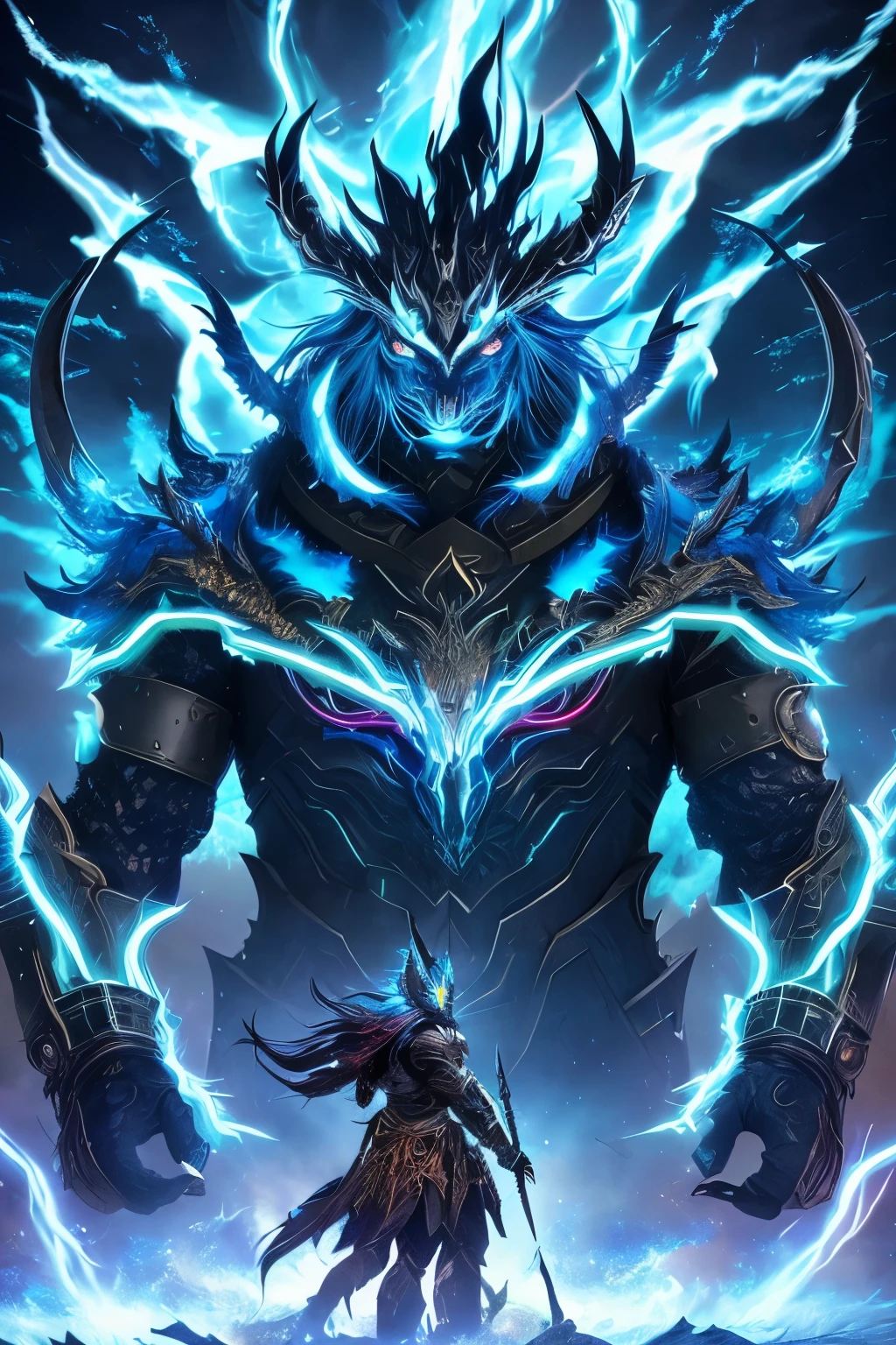 A colossal monstrosity looms in the background, its hulking figure bedecked with armor that glistens under the ethereal light. The armor is intricately adorned with alchemical symbols and ominous runes that seem to pulse with an otherworldly energy. Its face, concealed behind an ornate mask, gleams with the reflected light, revealing piercing glowing eyes that seem to pierce through the souls of onlookers. Wild blue flames dance and surge from its mane, adding to the monster's awe-inspiring presence. Atop its head sits a helm-like headdress, a stunning fusion of modern metals and